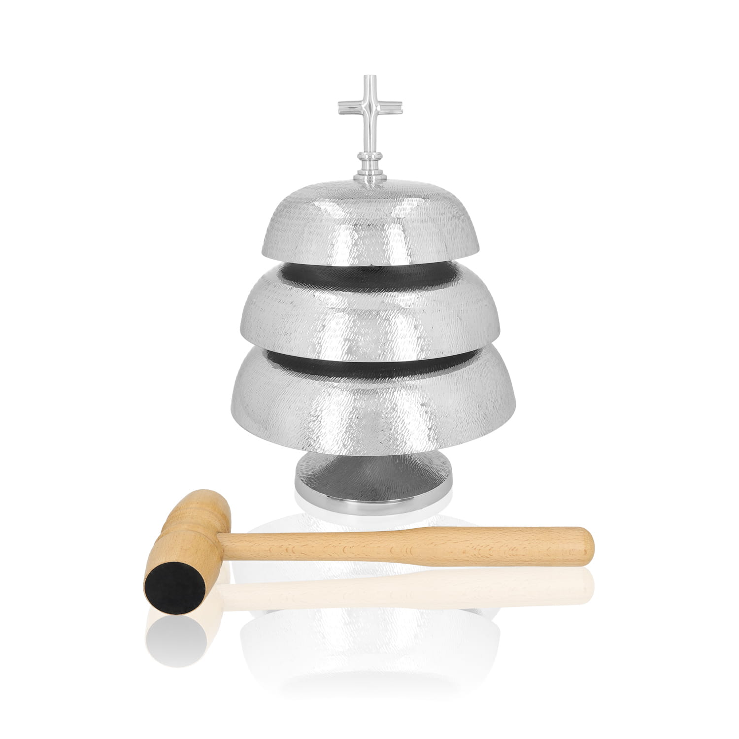 Triple Gong – Brass, Nickel Finish – with Wooden Mallet – 13.8 in