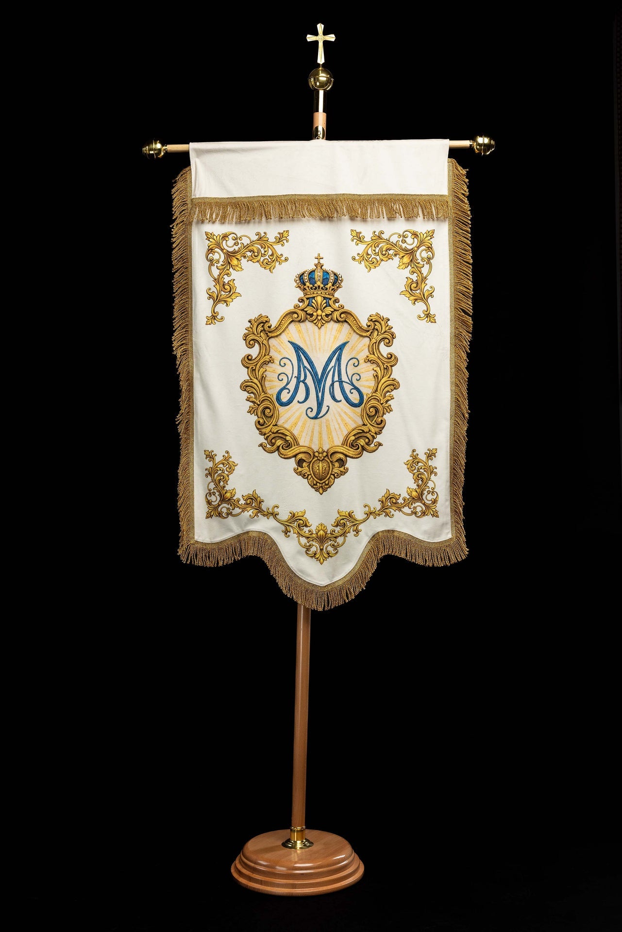 Double-Sided Printed Marian Liturgical Banner with Heart Symbol and Marian Monogram