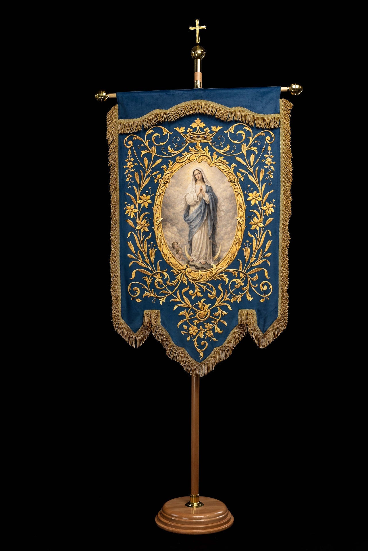 Double-Sided Printed Liturgical Banner with Our Lady of the Immaculate Conception and Marian Monogram