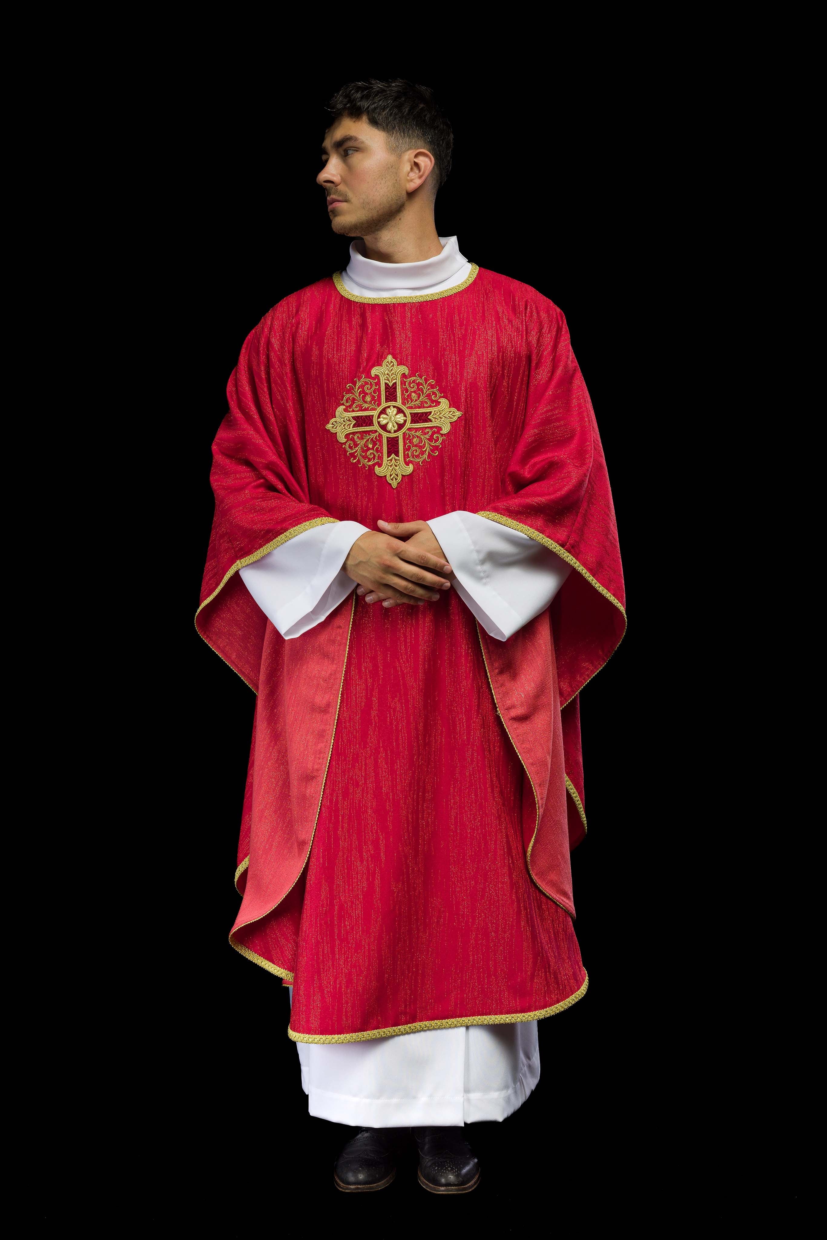 Red Liturgical Chasuble with Embroidered Cross on Decorative Fabric