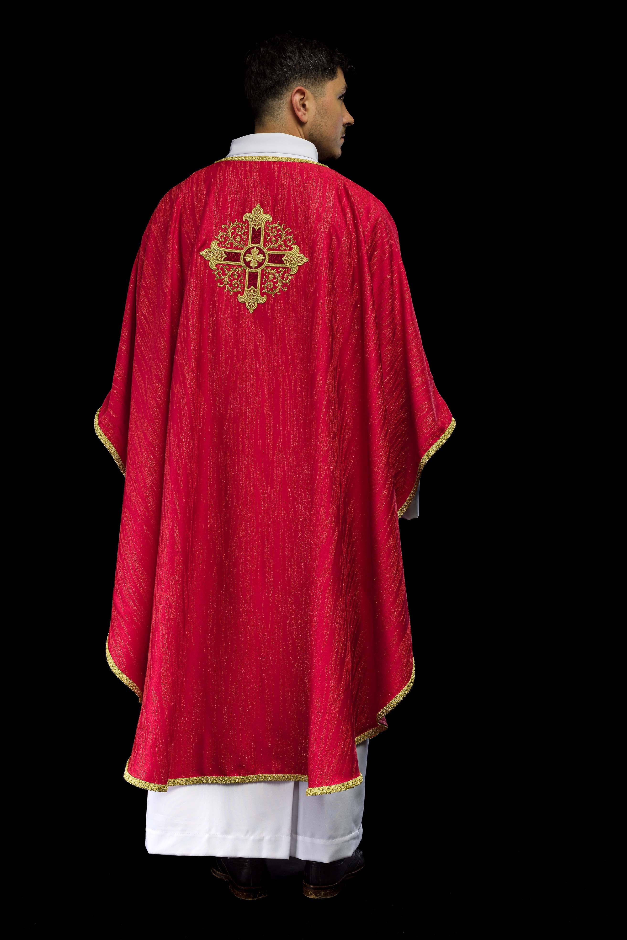 Red Liturgical Chasuble with Embroidered Cross on Decorative Fabric