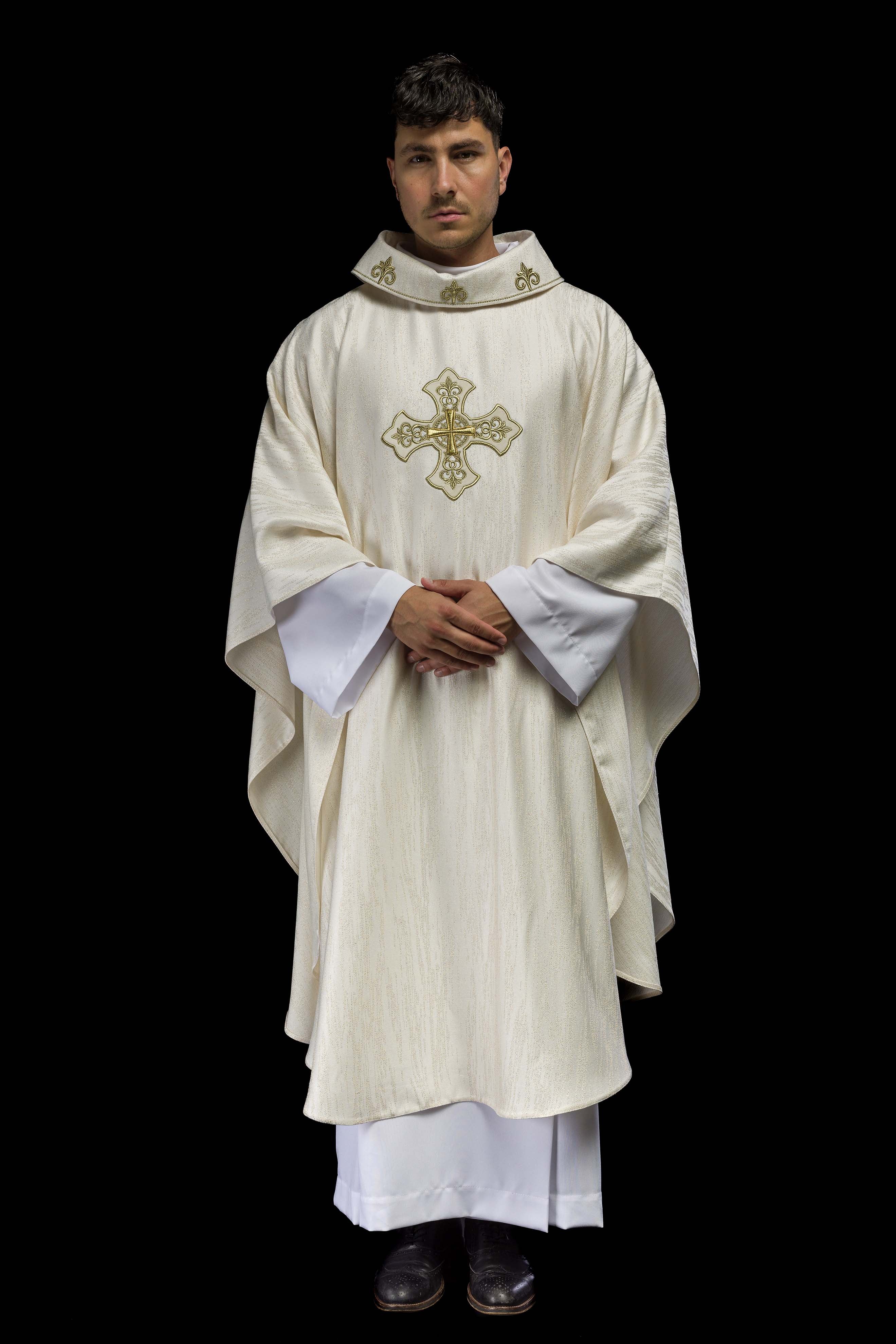 Ecru Liturgical Chasuble with Embroidered Cross – Ornamental Fabric - CHASUBLES.COM
