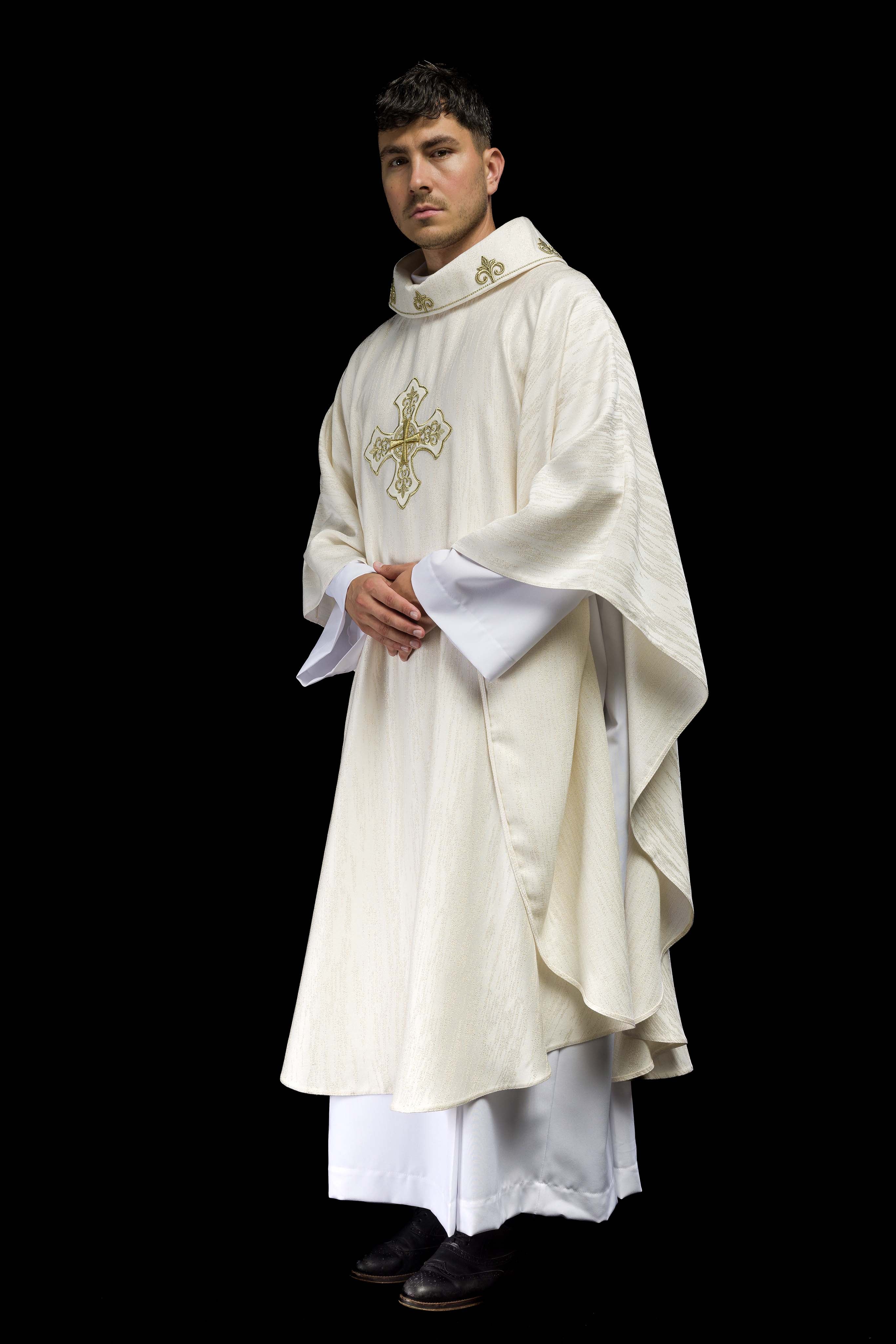Ecru Liturgical Chasuble with Embroidered Cross – Ornamental Fabric - CHASUBLES.COM