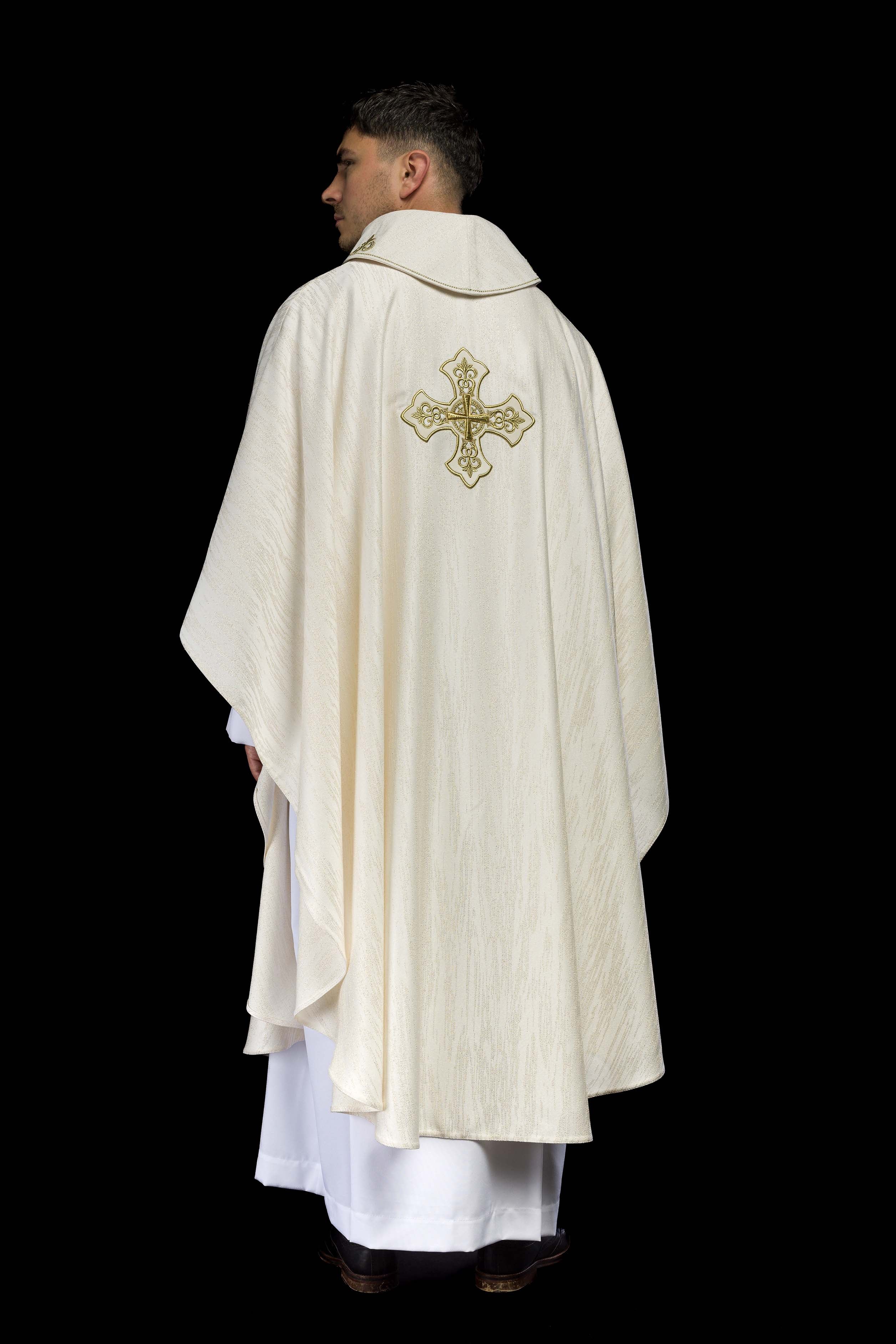 Ecru Liturgical Chasuble with Embroidered Cross – Ornamental Fabric - CHASUBLES.COM
