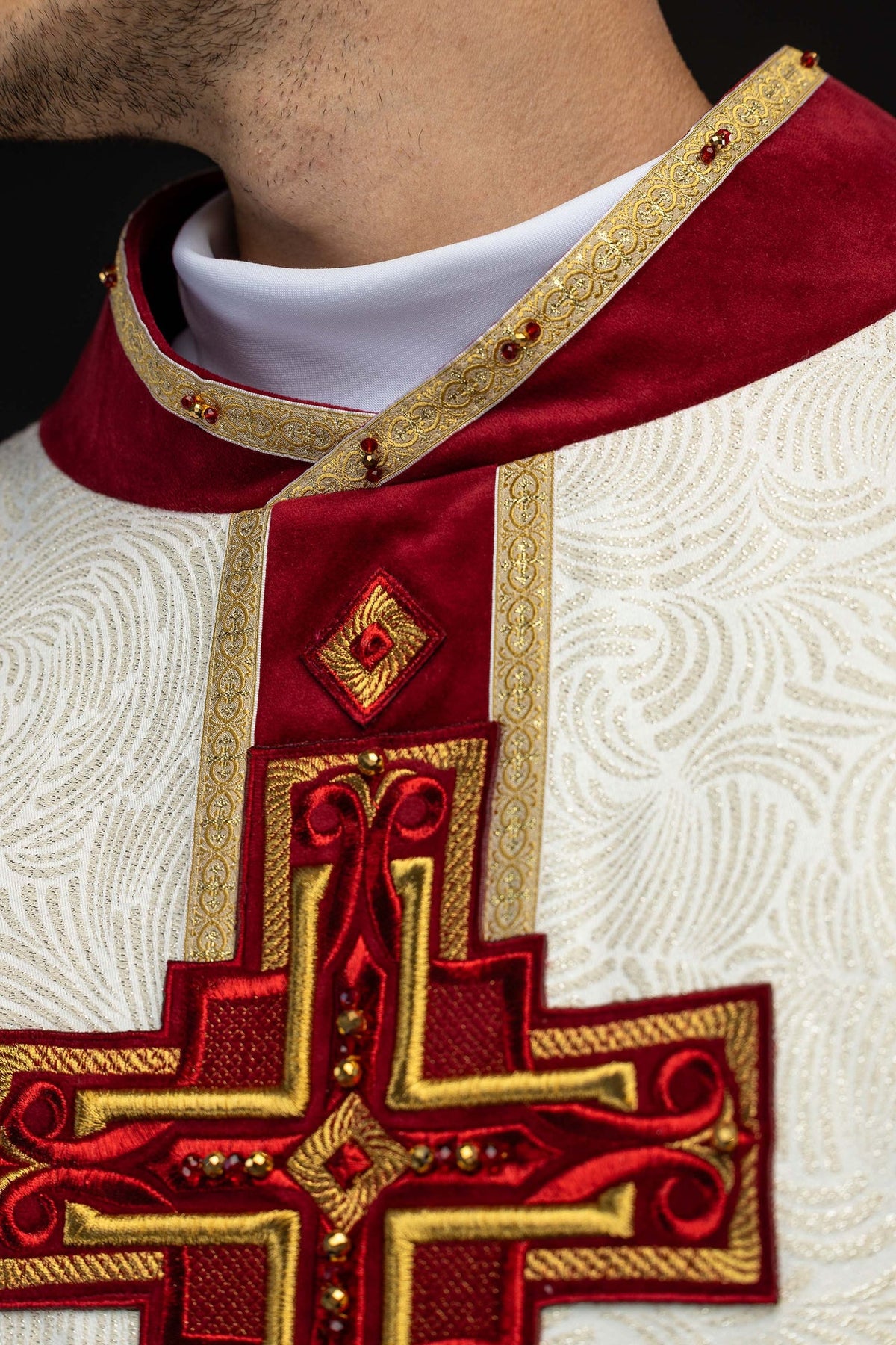 Ecru Chasuble with Natural Stones, Handmade 7012