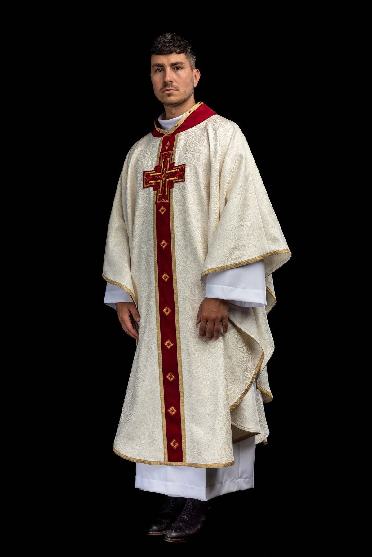 Ecru Chasuble with Natural Stones, Handmade 7012