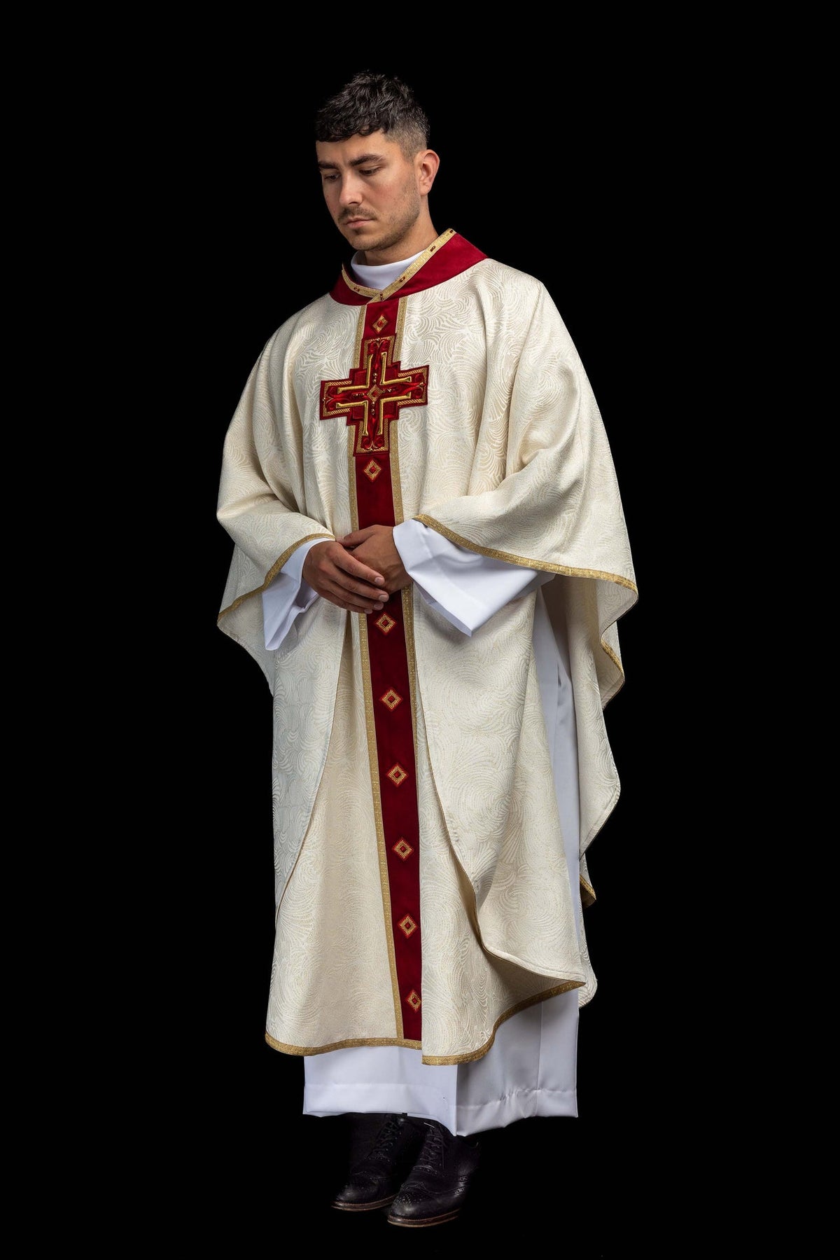 Ecru Chasuble with Natural Stones, Handmade 7012