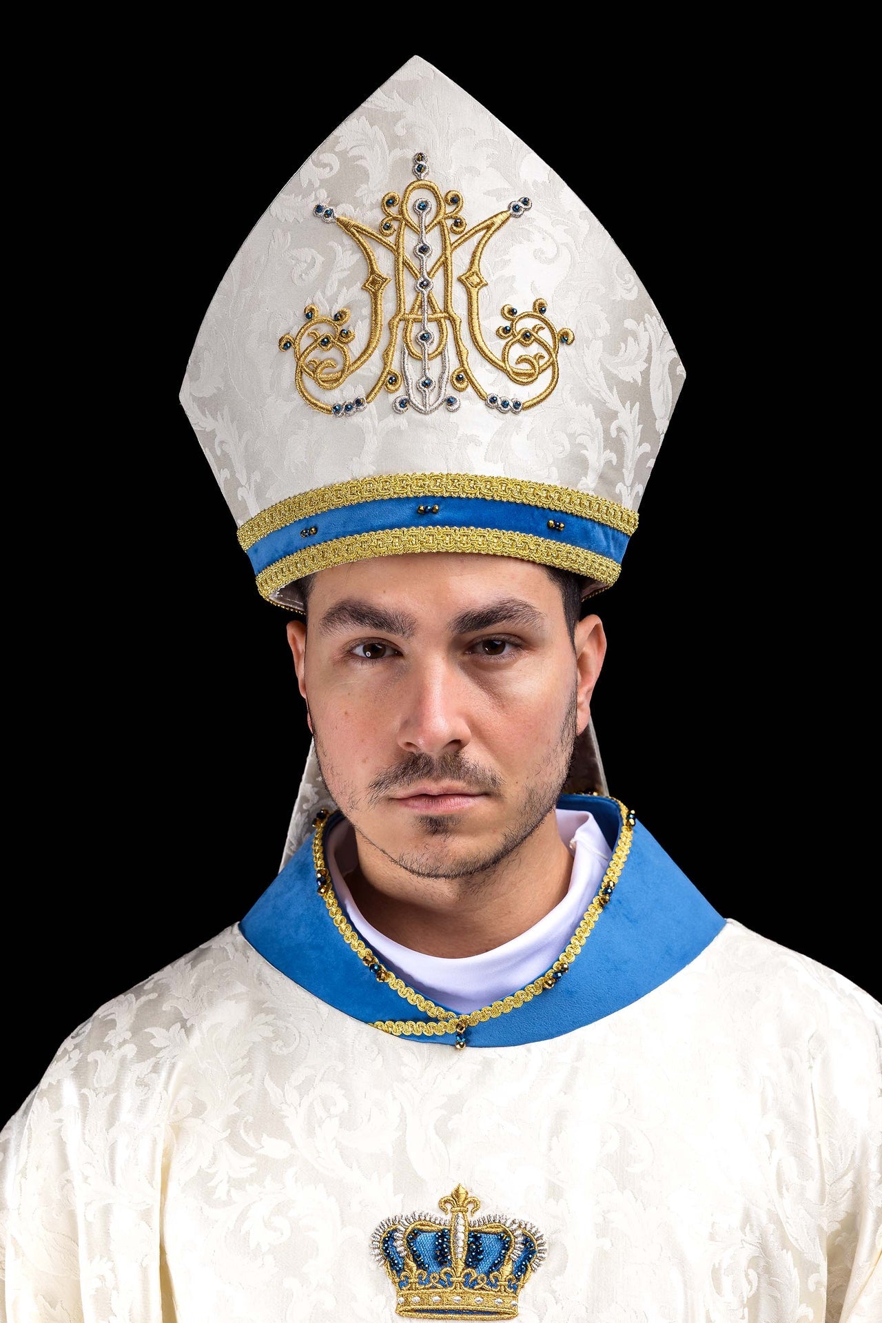 Marian mitre with natural stones Handmade 9006 - CHASUBLES.COM