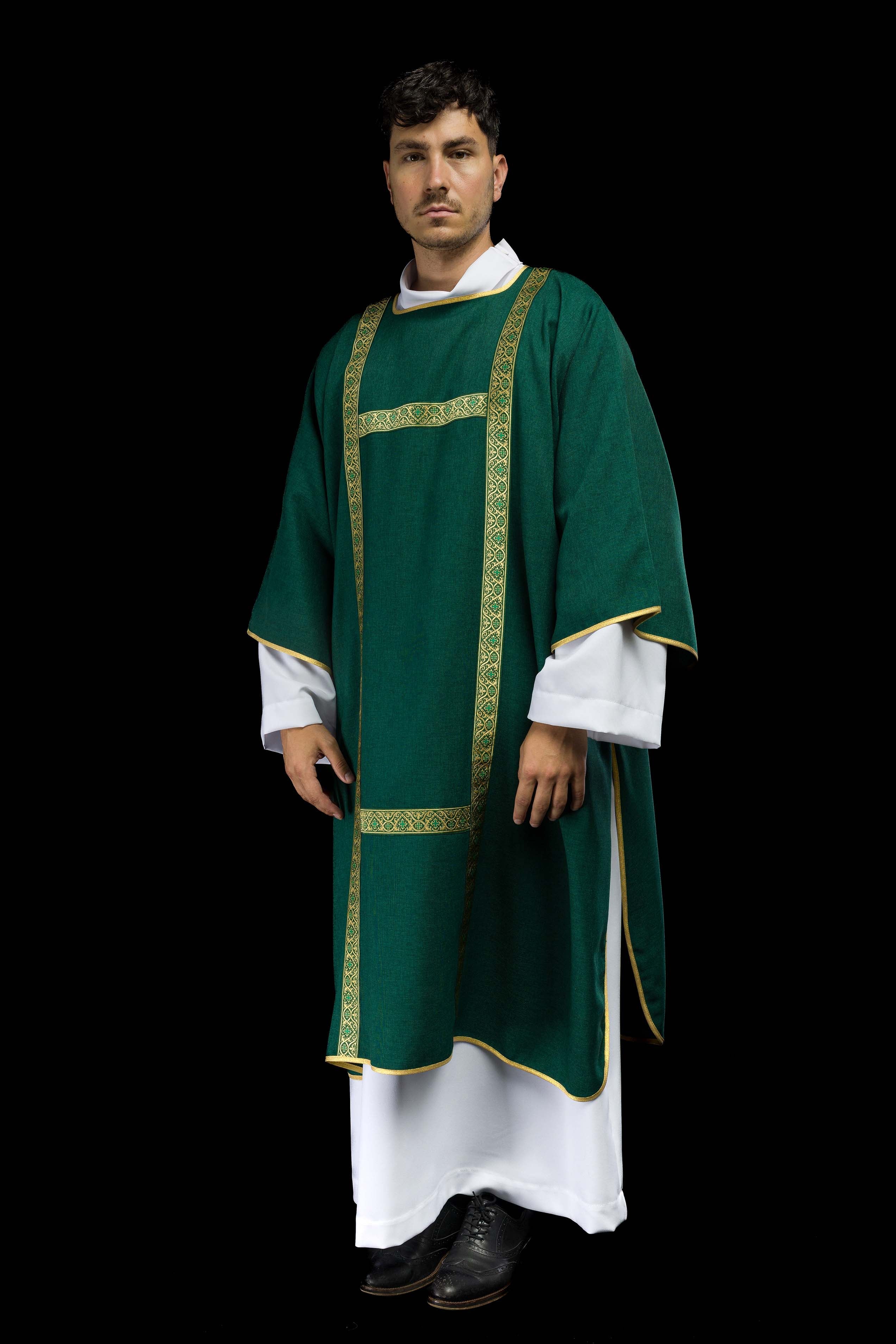 Green dalmatic decorated with gold jacquard ribbons - CHASUBLES.COM