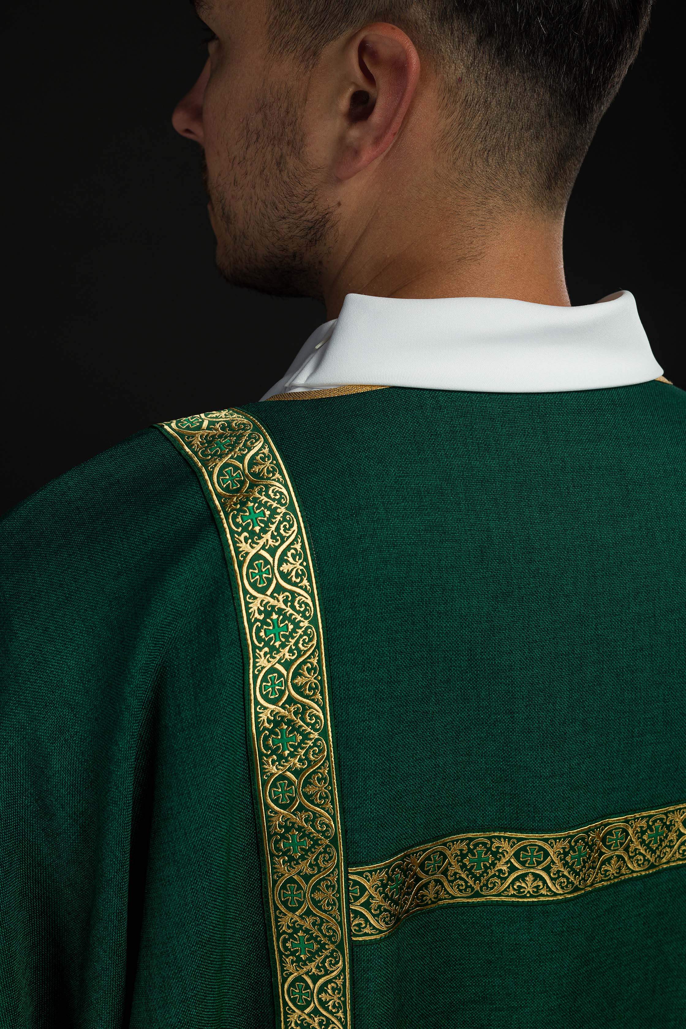 Green dalmatic decorated with gold jacquard ribbons - CHASUBLES.COM