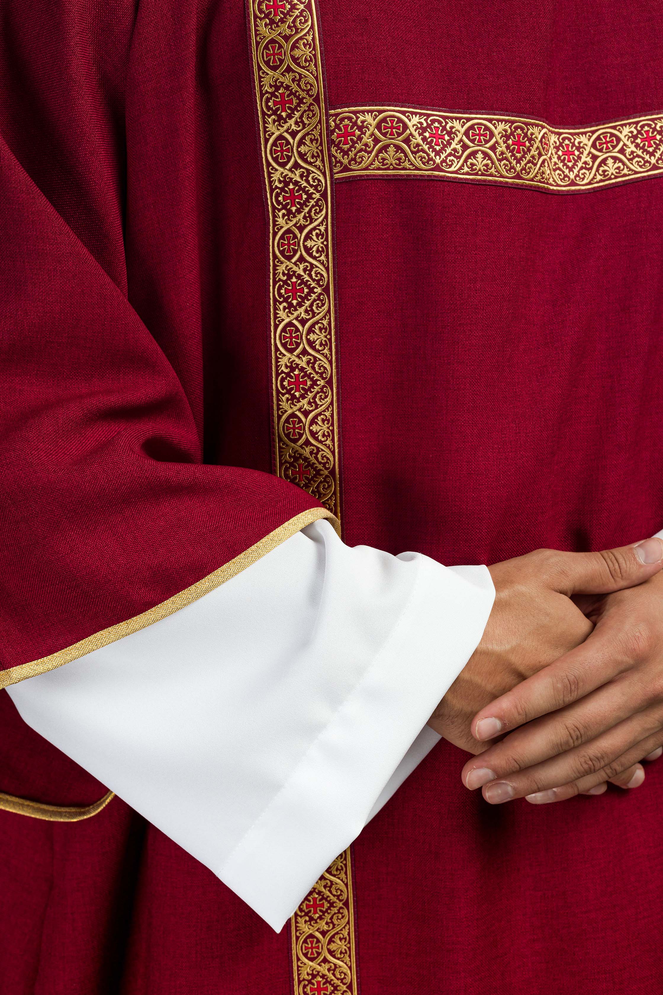 Red dalmatic decorated with gold jacquard ribbons - CHASUBLES.COM