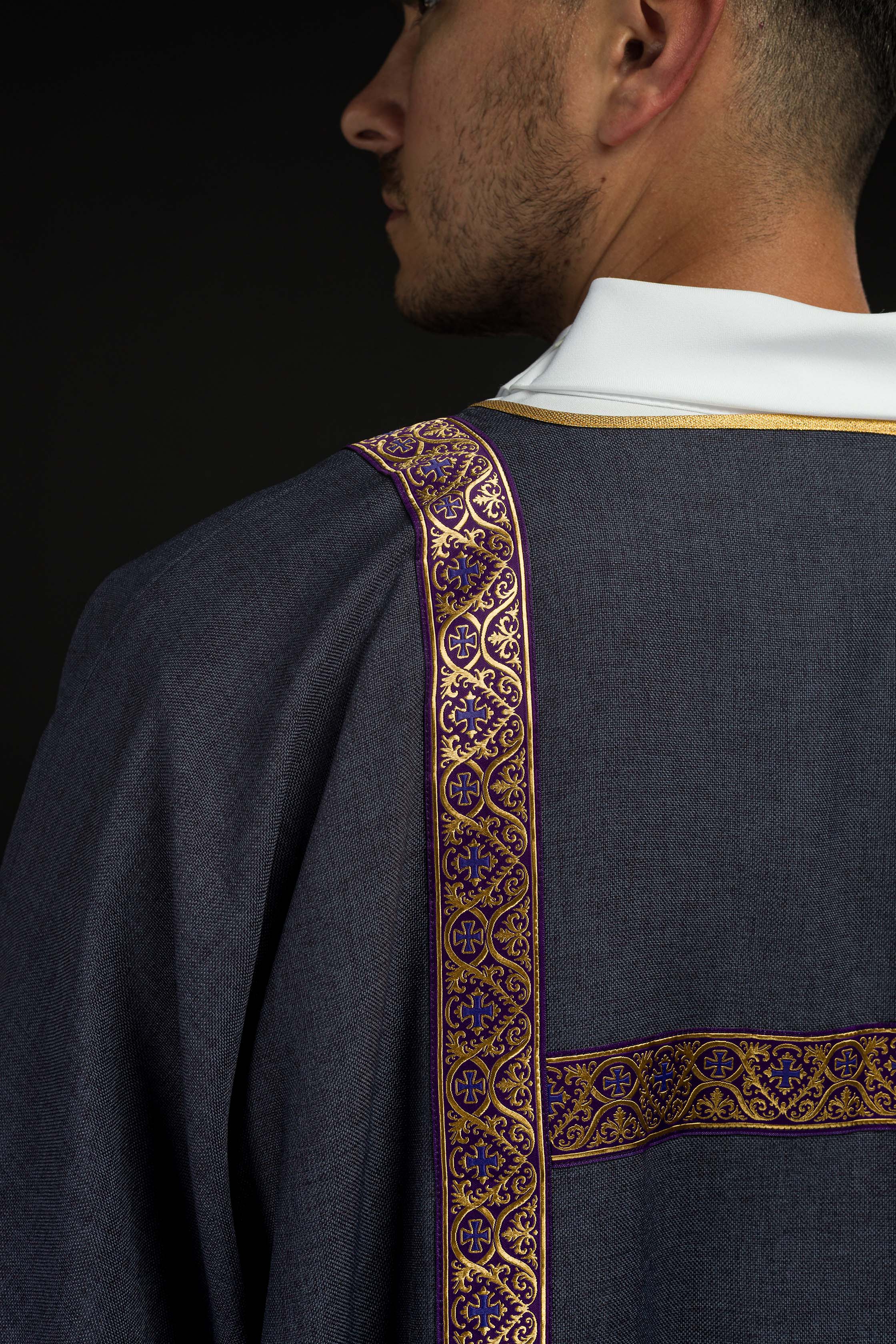Purple dalmatic decorated with gold jacquard ribbons - CHASUBLES.COM