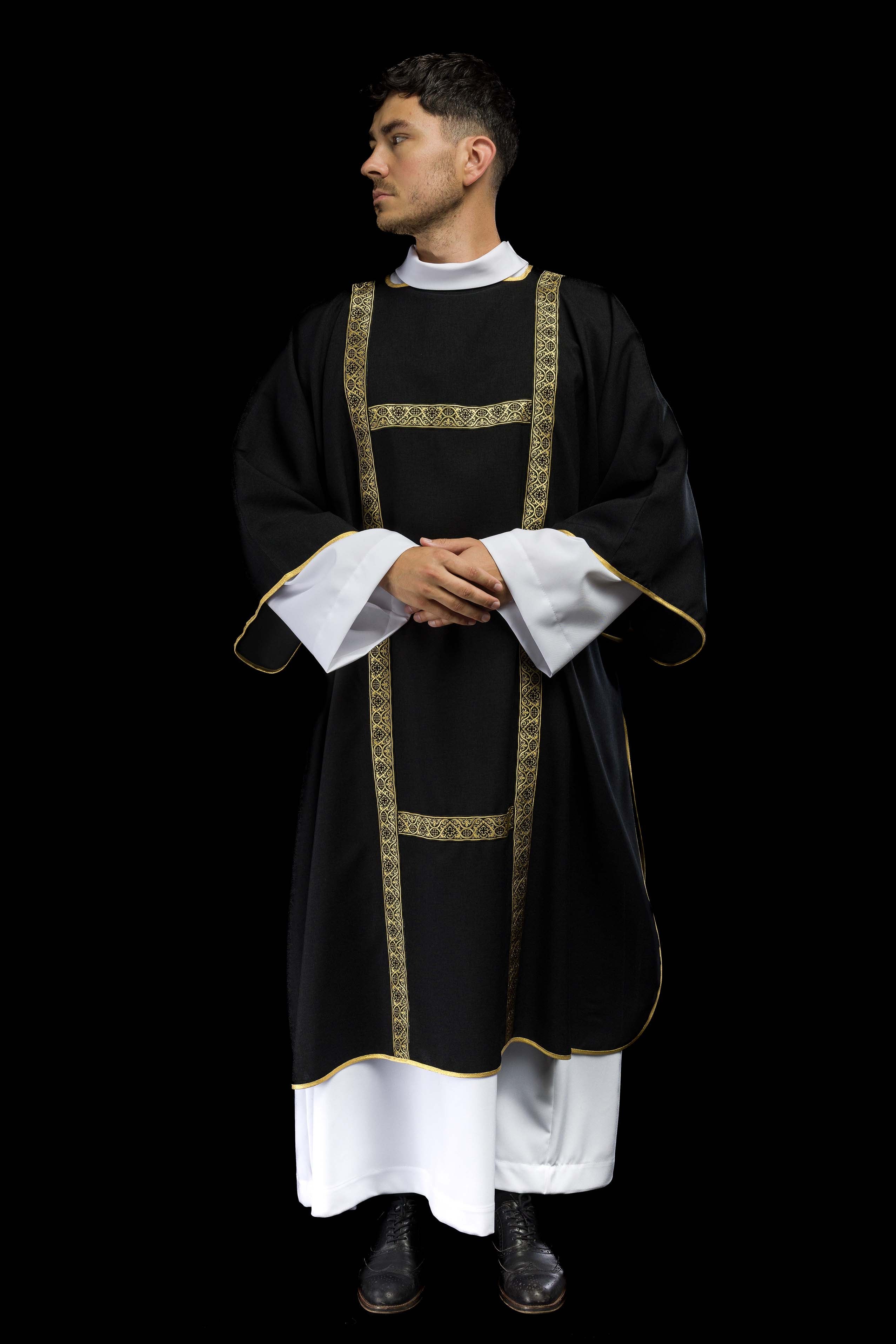 Black dalmatic decorated with gold jacquard ribbons - CHASUBLES.COM