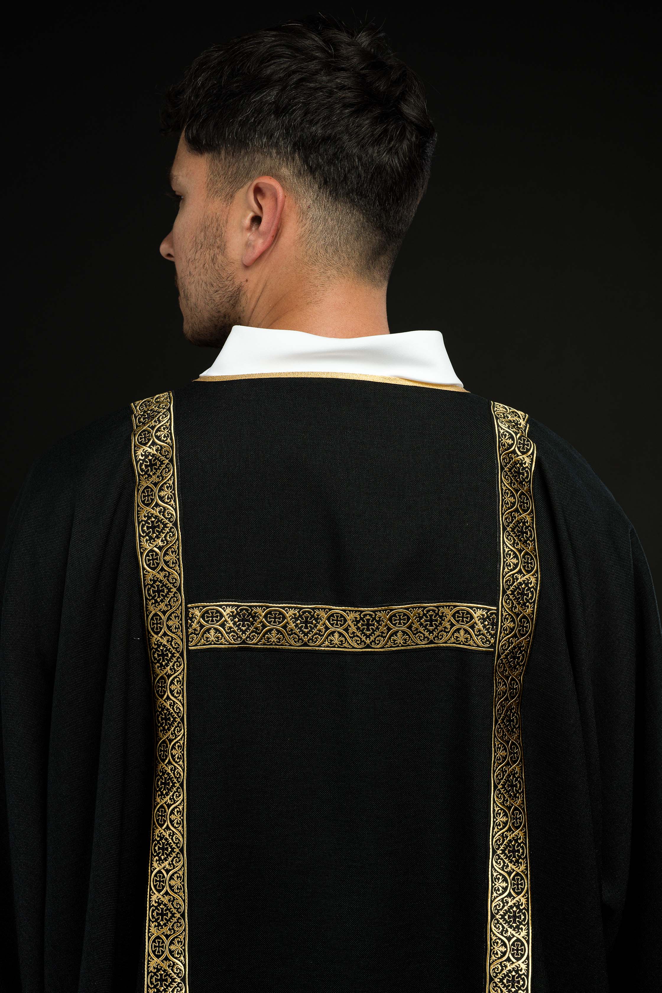 Black dalmatic decorated with gold jacquard ribbons - CHASUBLES.COM