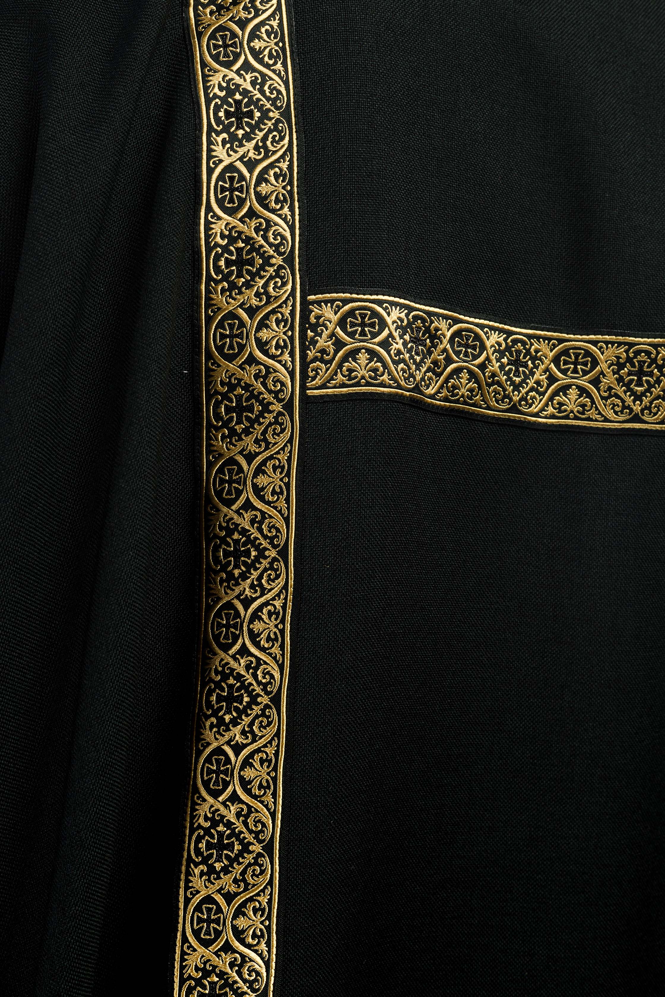 Black dalmatic decorated with gold jacquard ribbons - CHASUBLES.COM