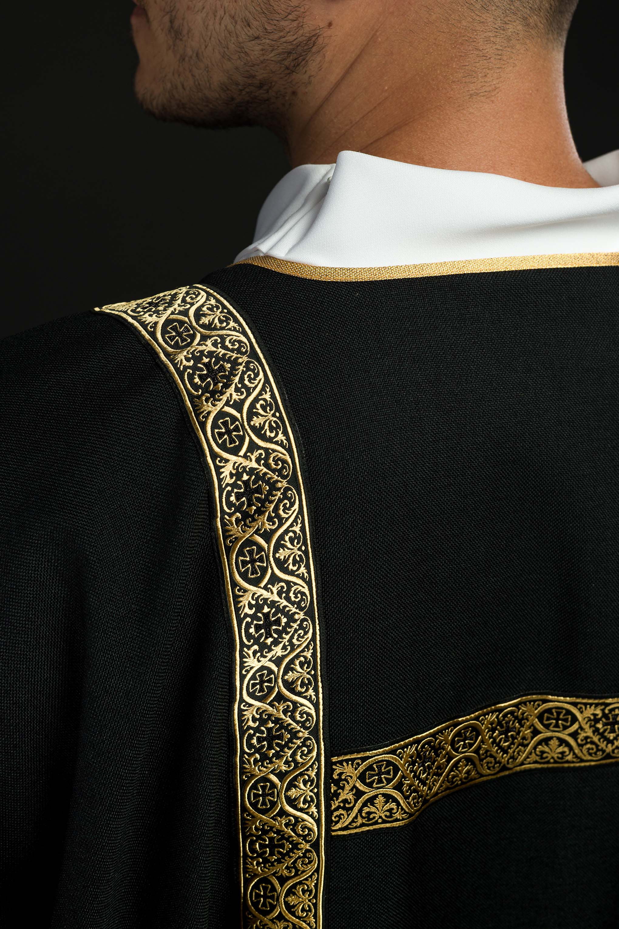 Black dalmatic decorated with gold jacquard ribbons - CHASUBLES.COM