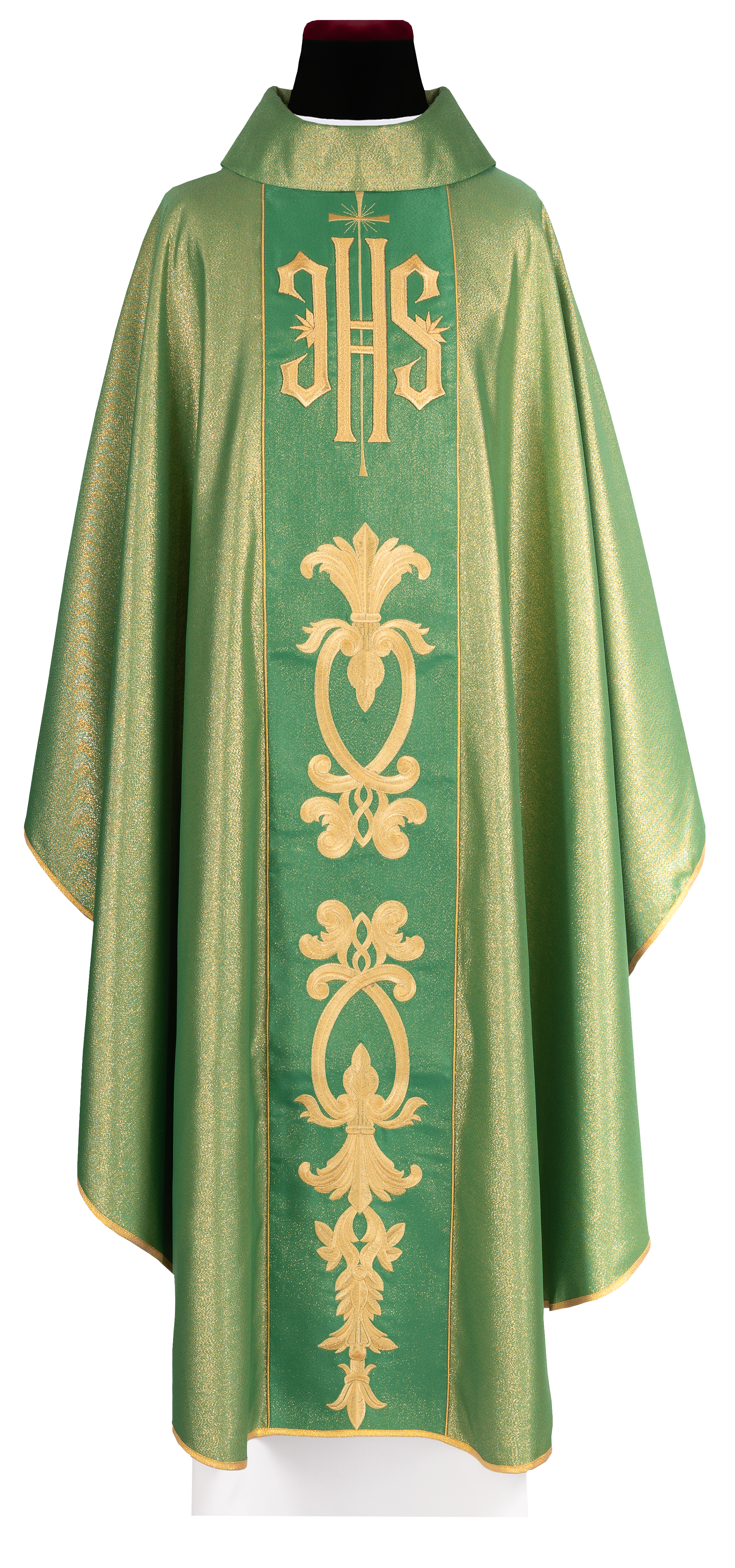 Richly decorated green chasuble with golden motifs and a wide IHS band - CHASUBLES.COM