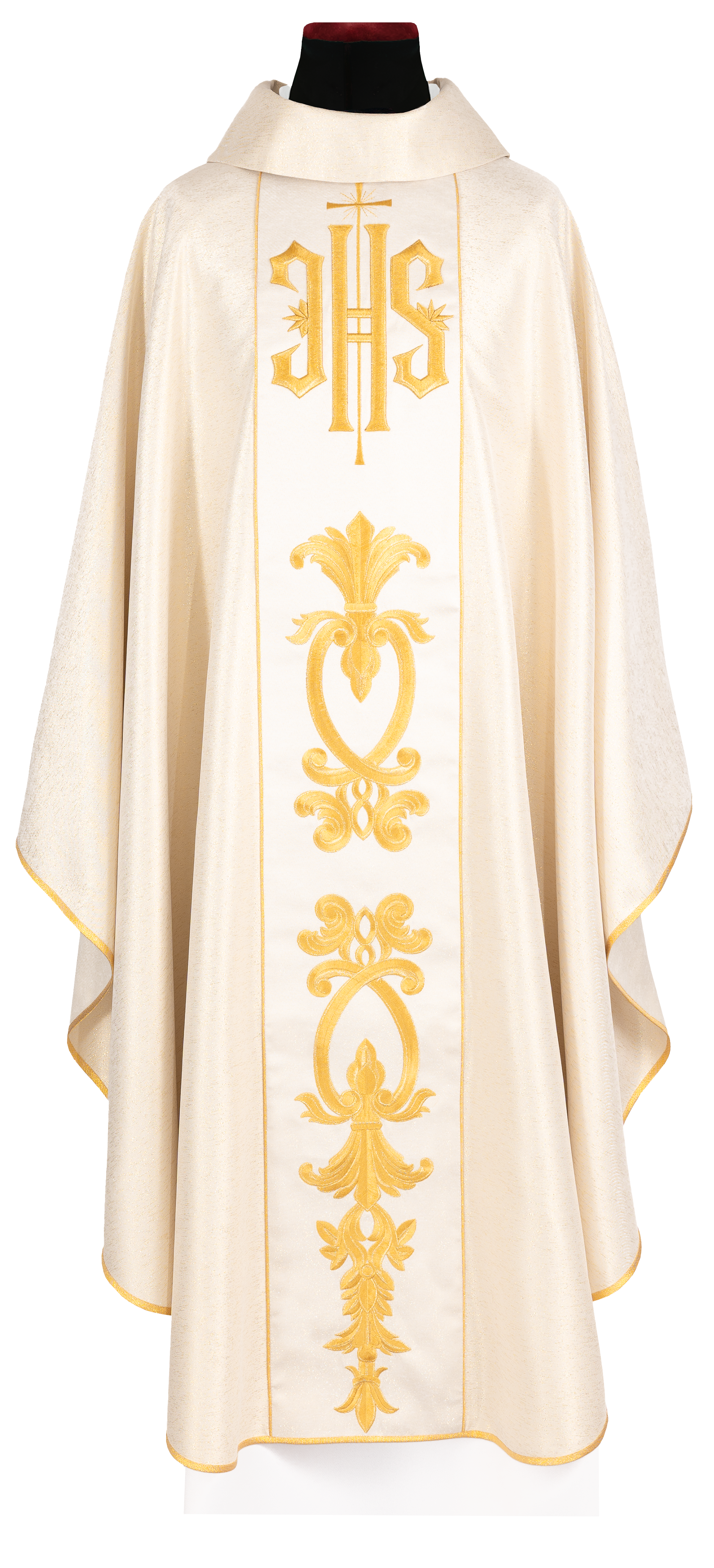 Richly decorated gold chasuble with golden motifs and a wide IHS band - CHASUBLES.COM