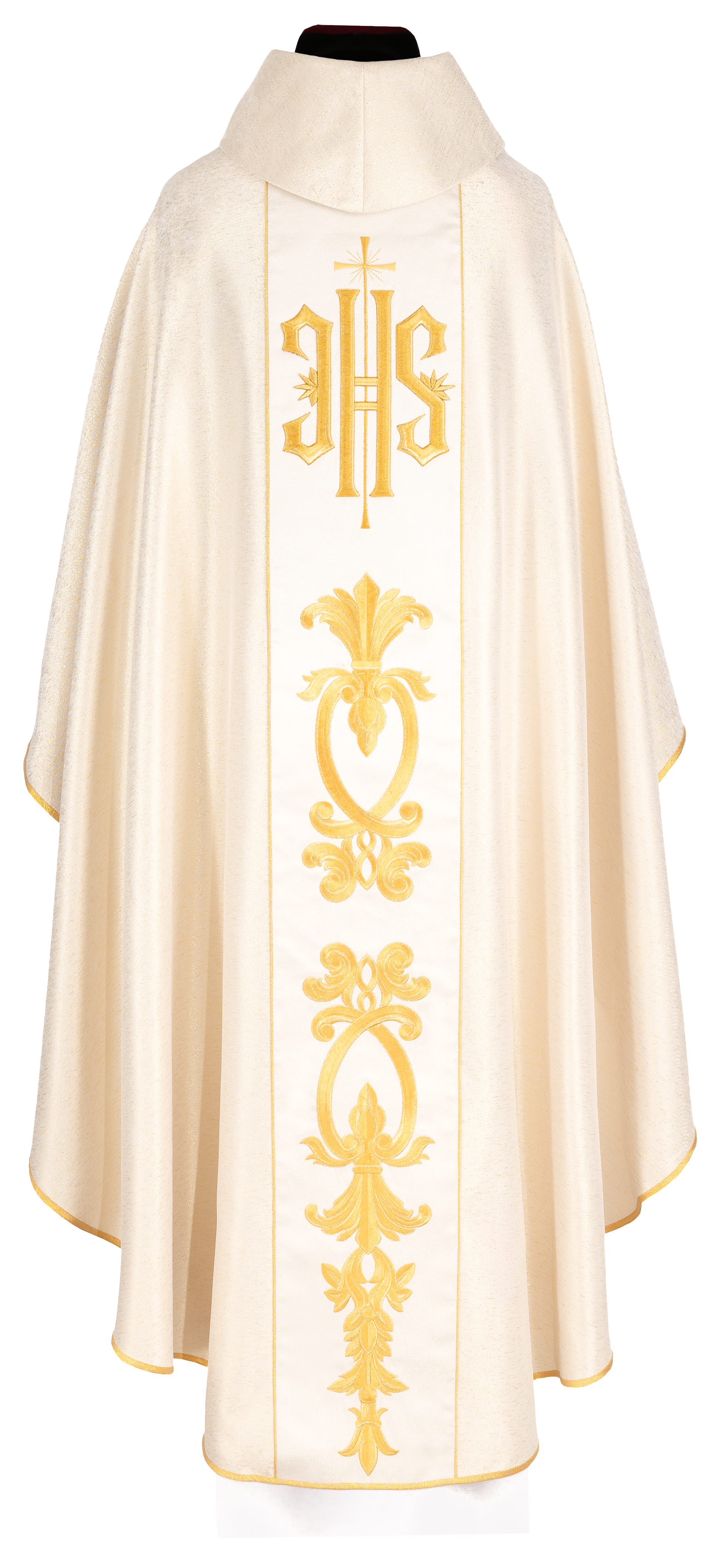 Richly decorated gold chasuble with golden motifs and a wide IHS band - CHASUBLES.COM