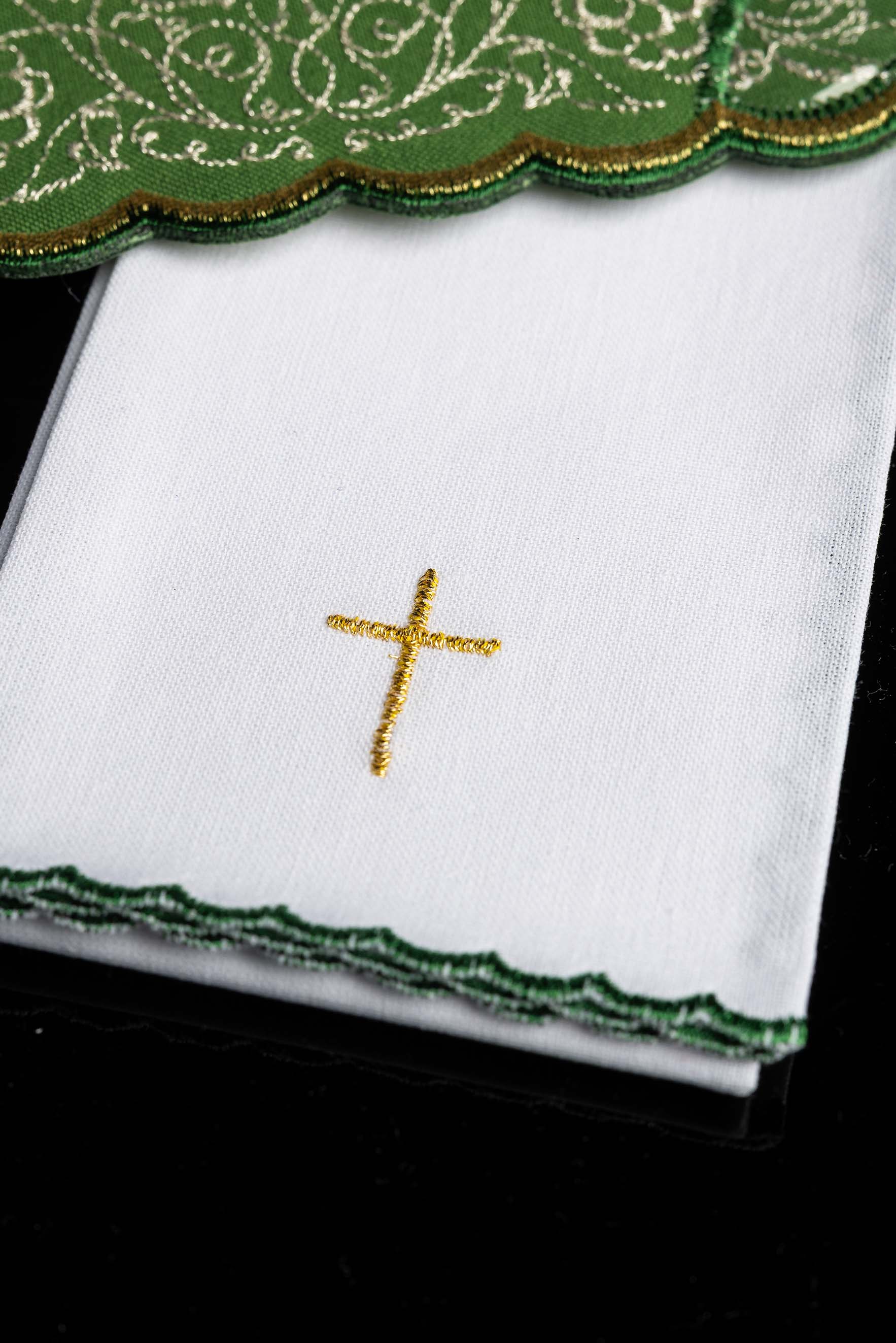 Green embroidered chalice linens set with cross motif