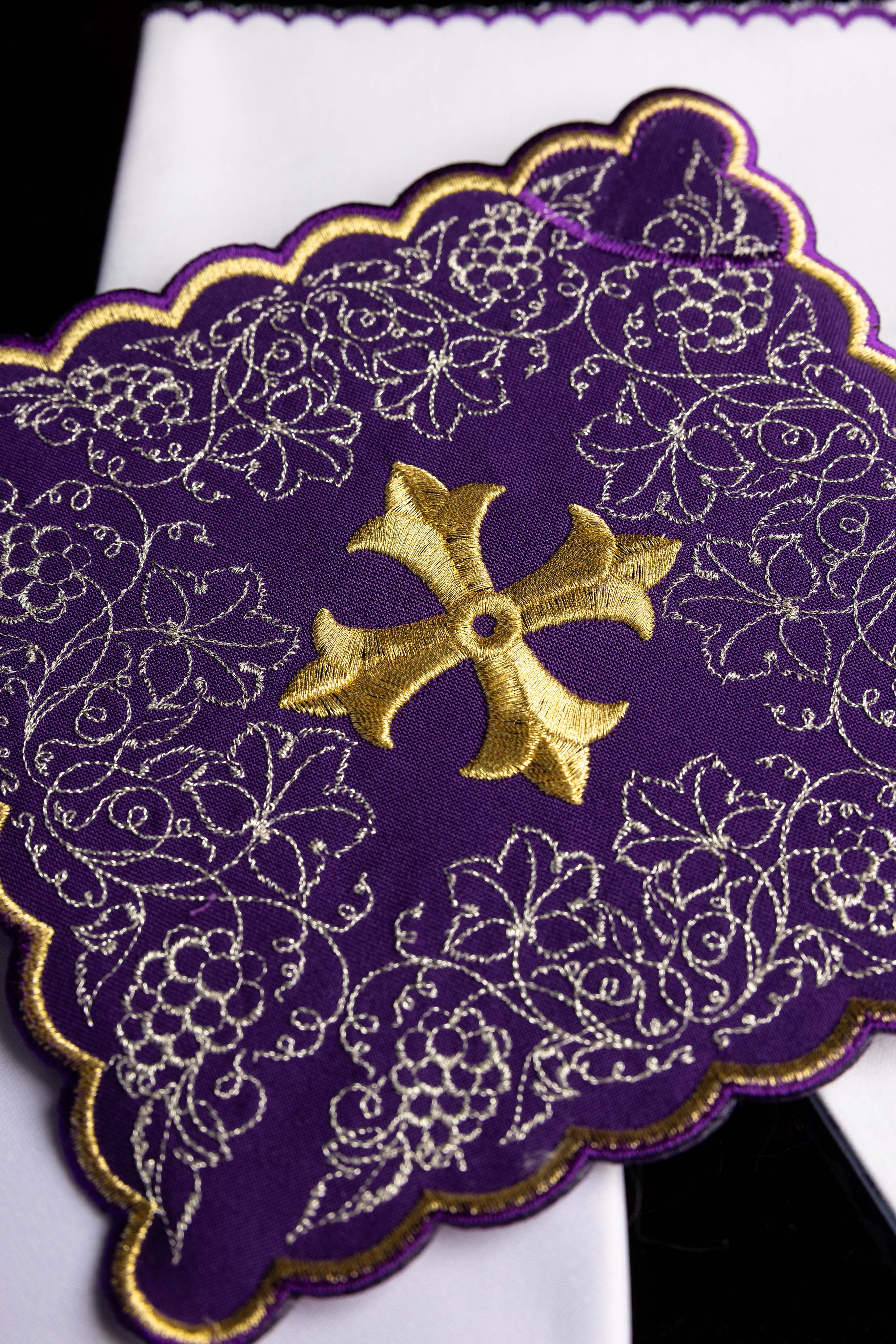 Embroidered chalice linens set with a purple cross motif