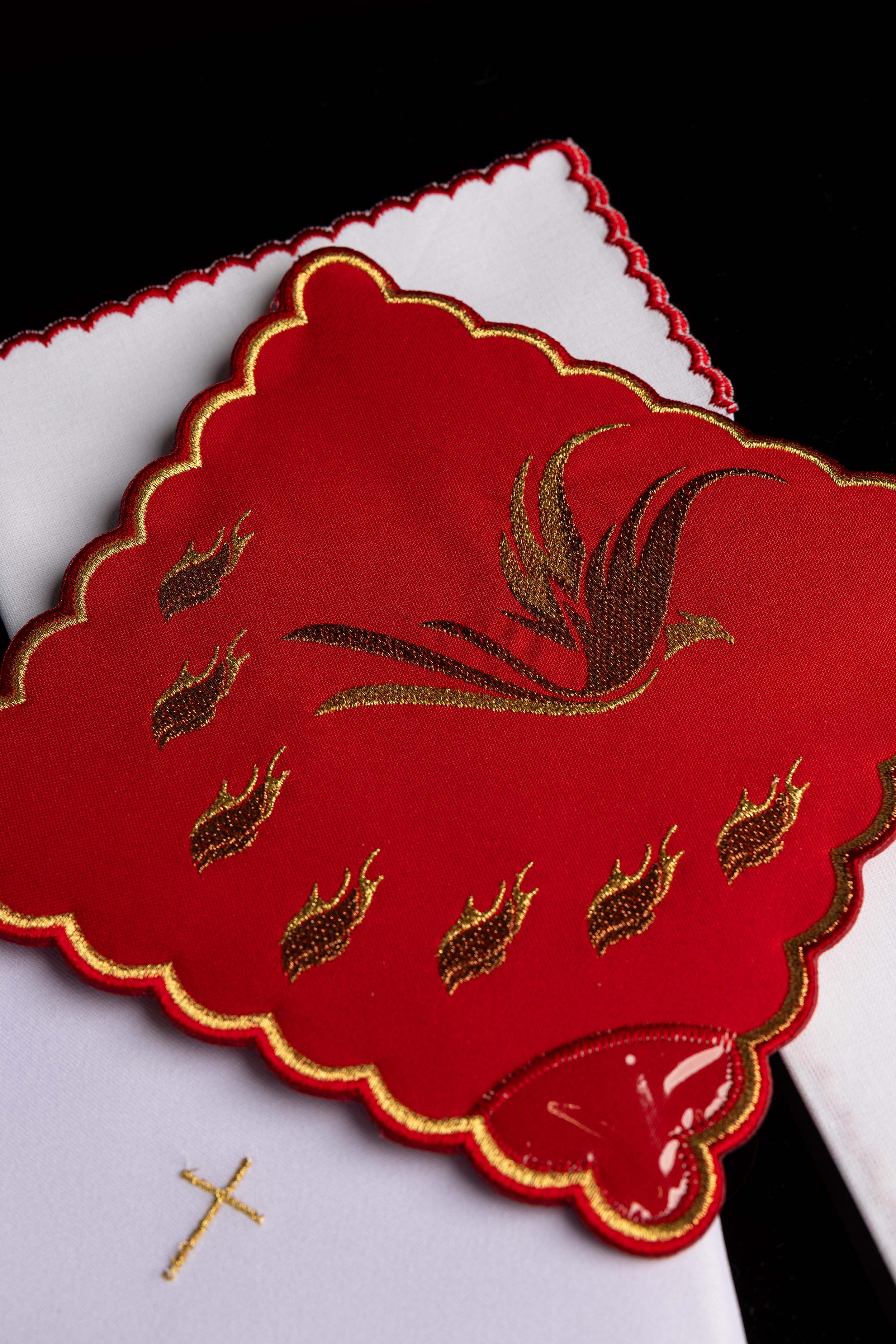 Red chalice linens set with the embroidered Holy Spirit