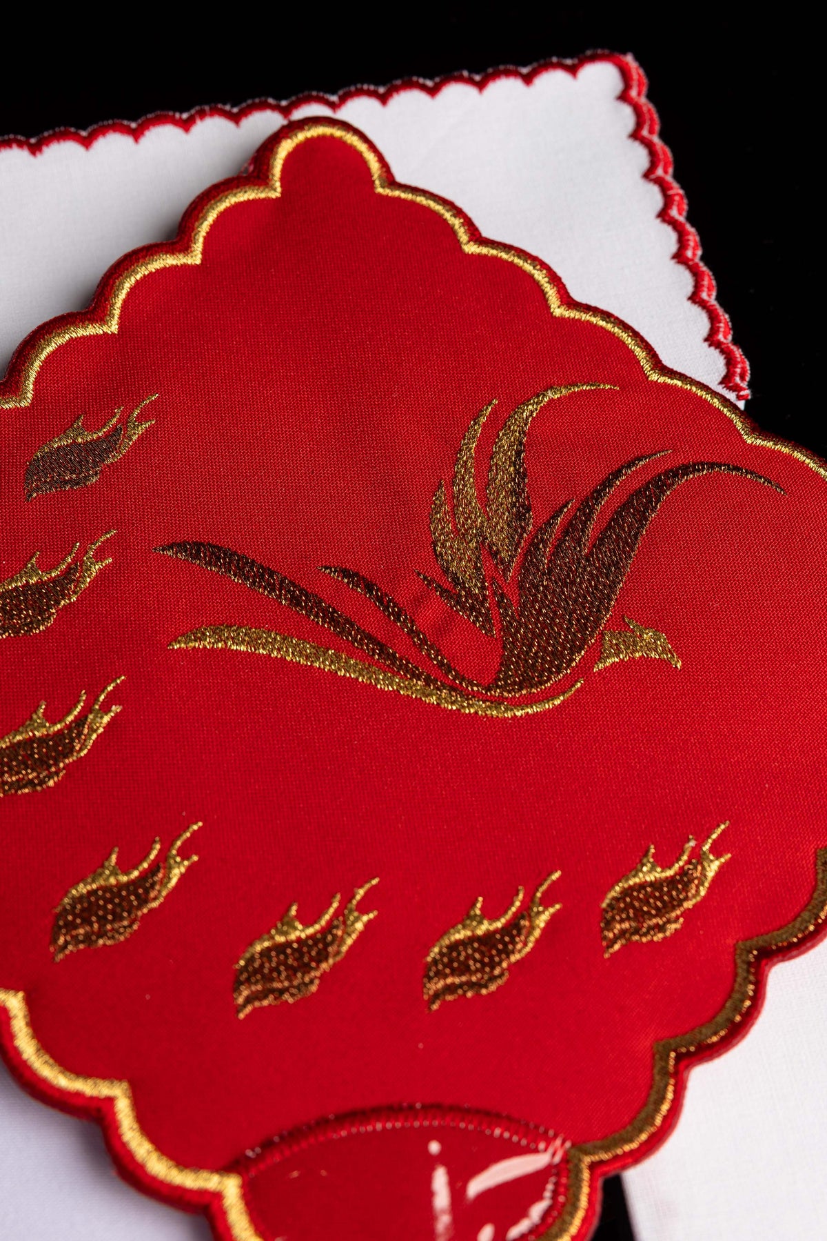 Red chalice linens set with the embroidered Holy Spirit