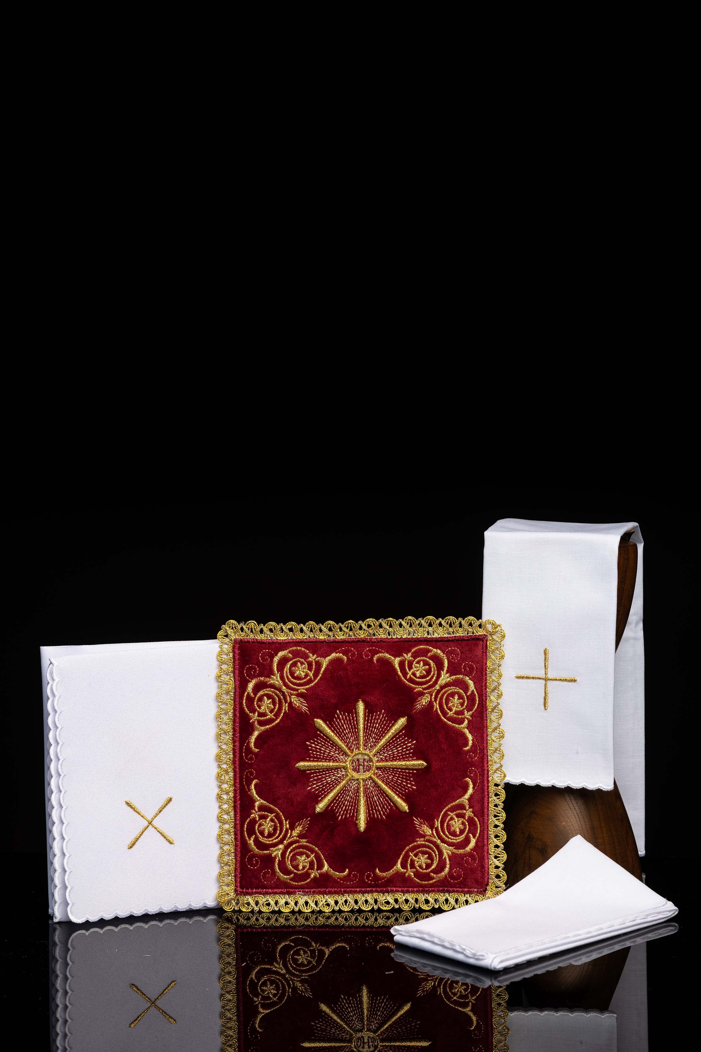 Red velvet embroidered chalice linens set