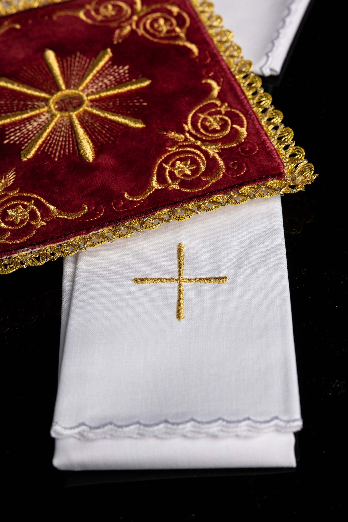 Red velvet embroidered chalice linens set