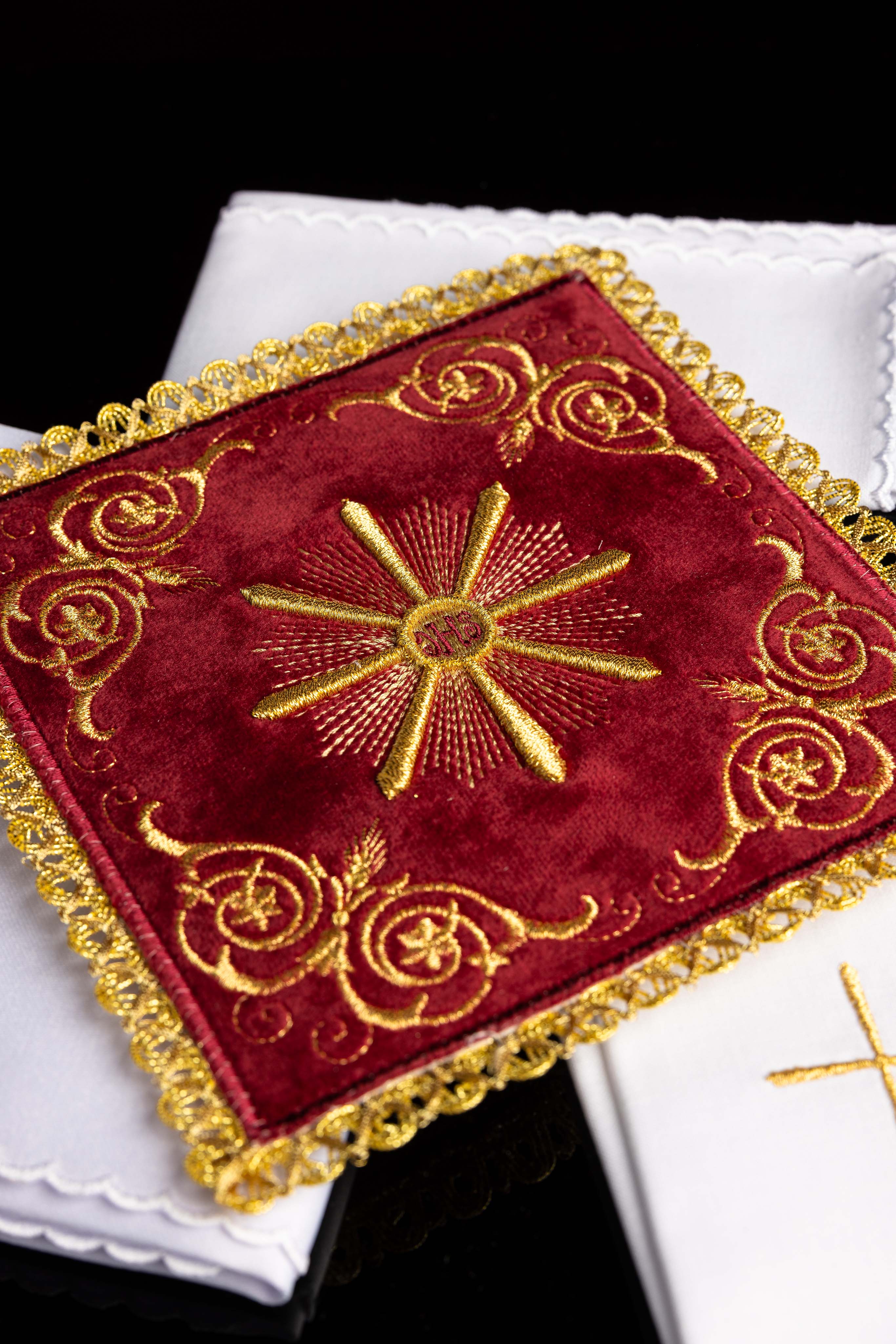 Red velvet embroidered chalice linens set