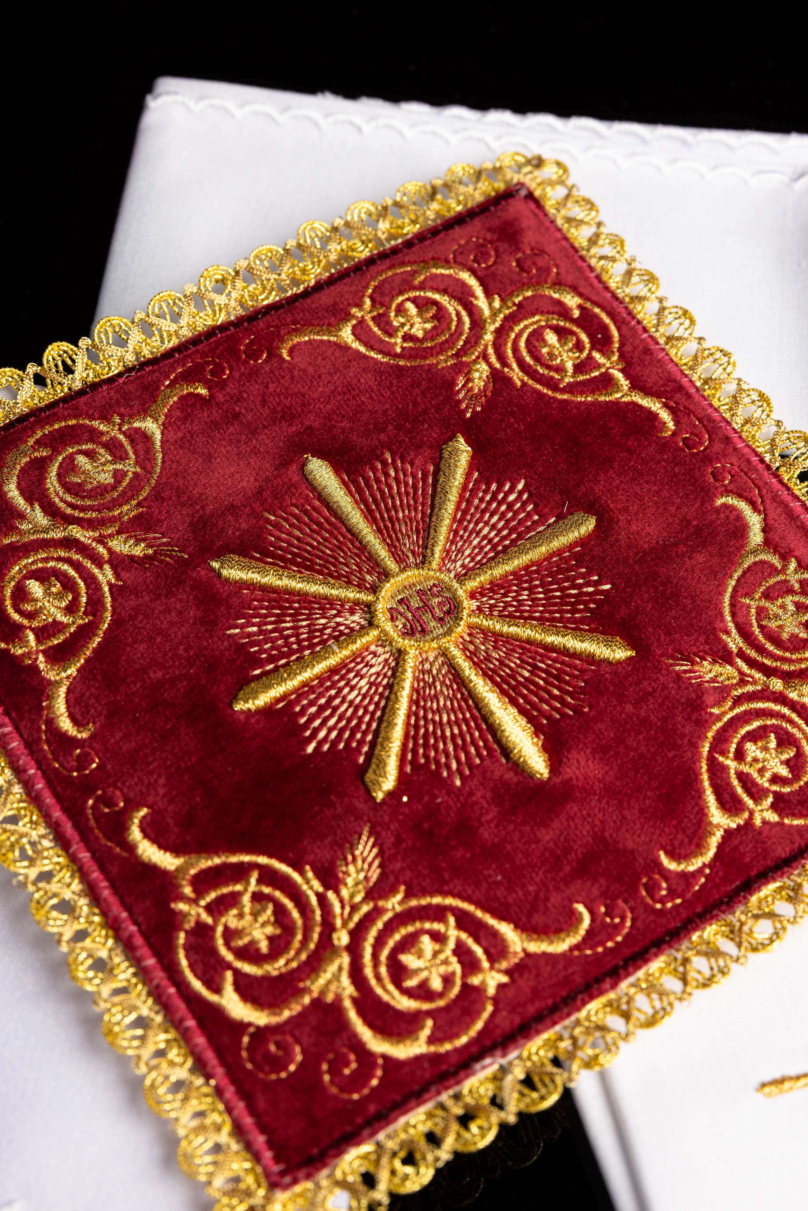 Red velvet embroidered chalice linens set