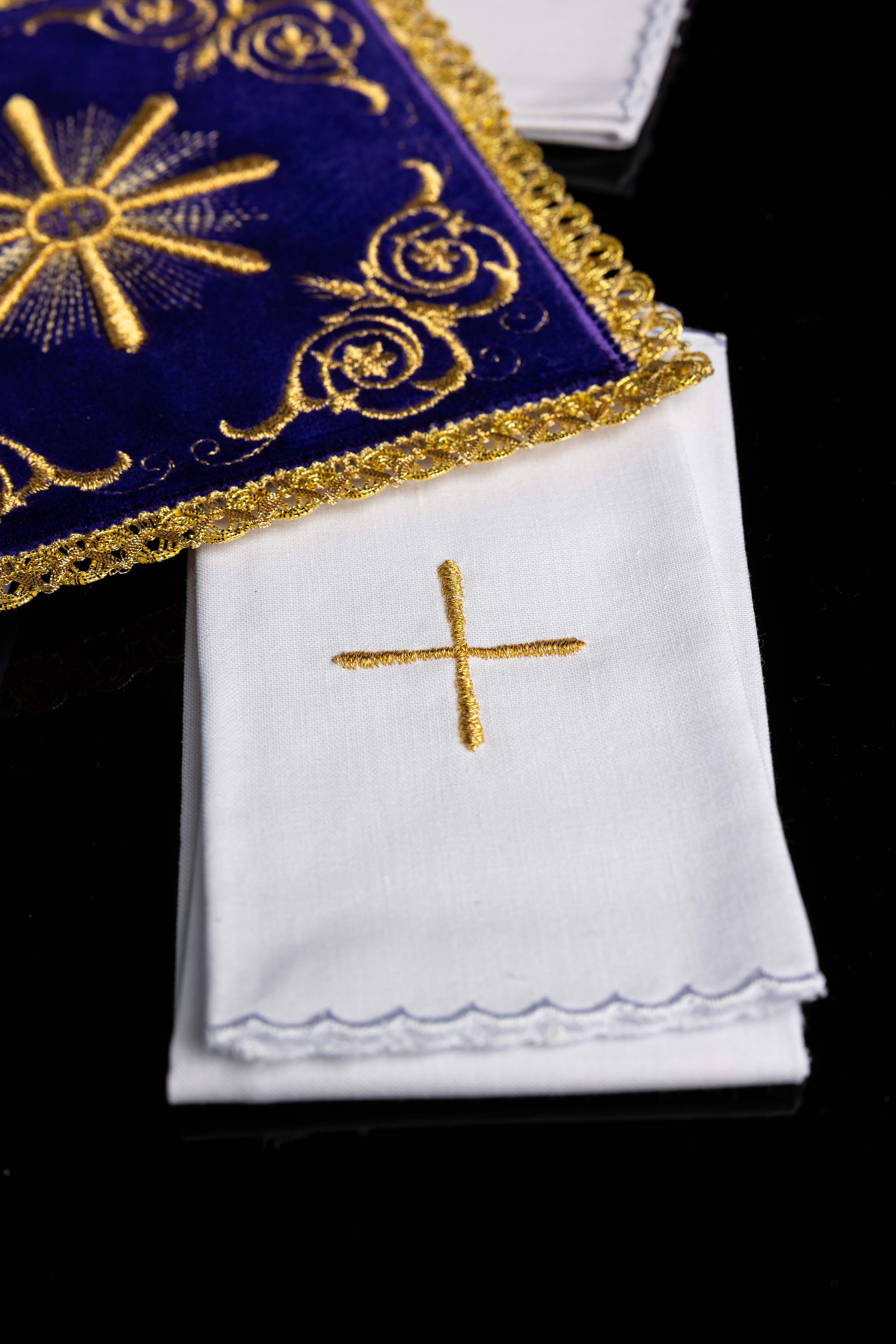 Purple velvet embroidered chalice linens set