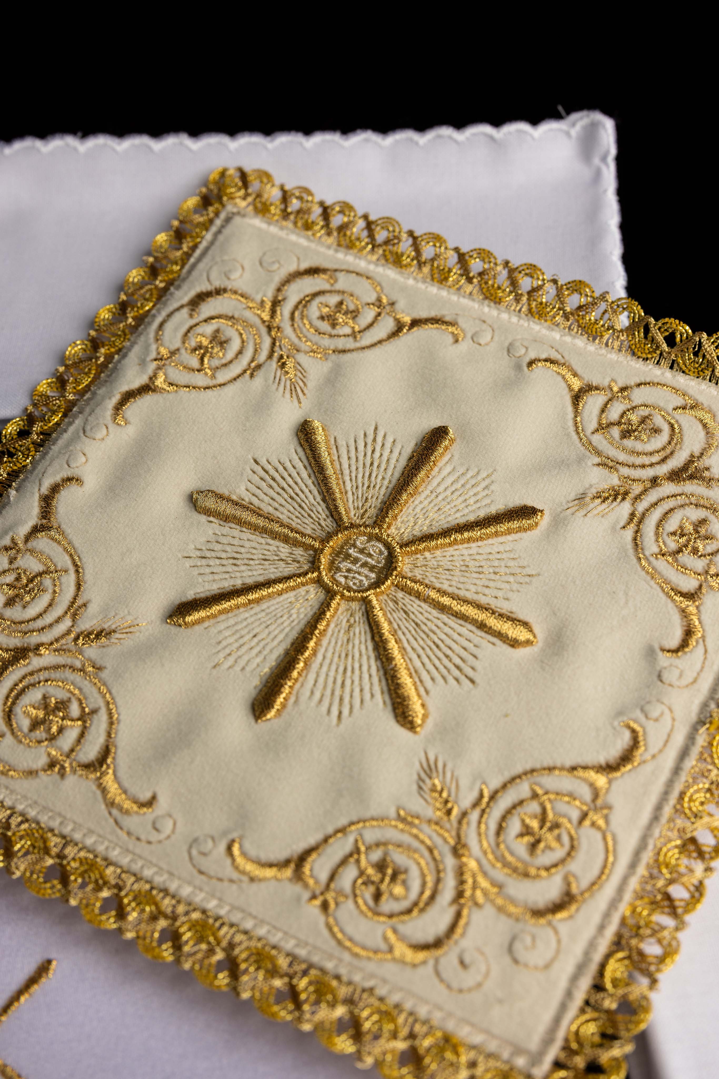 Embroidered chalice linens set ecru velvet