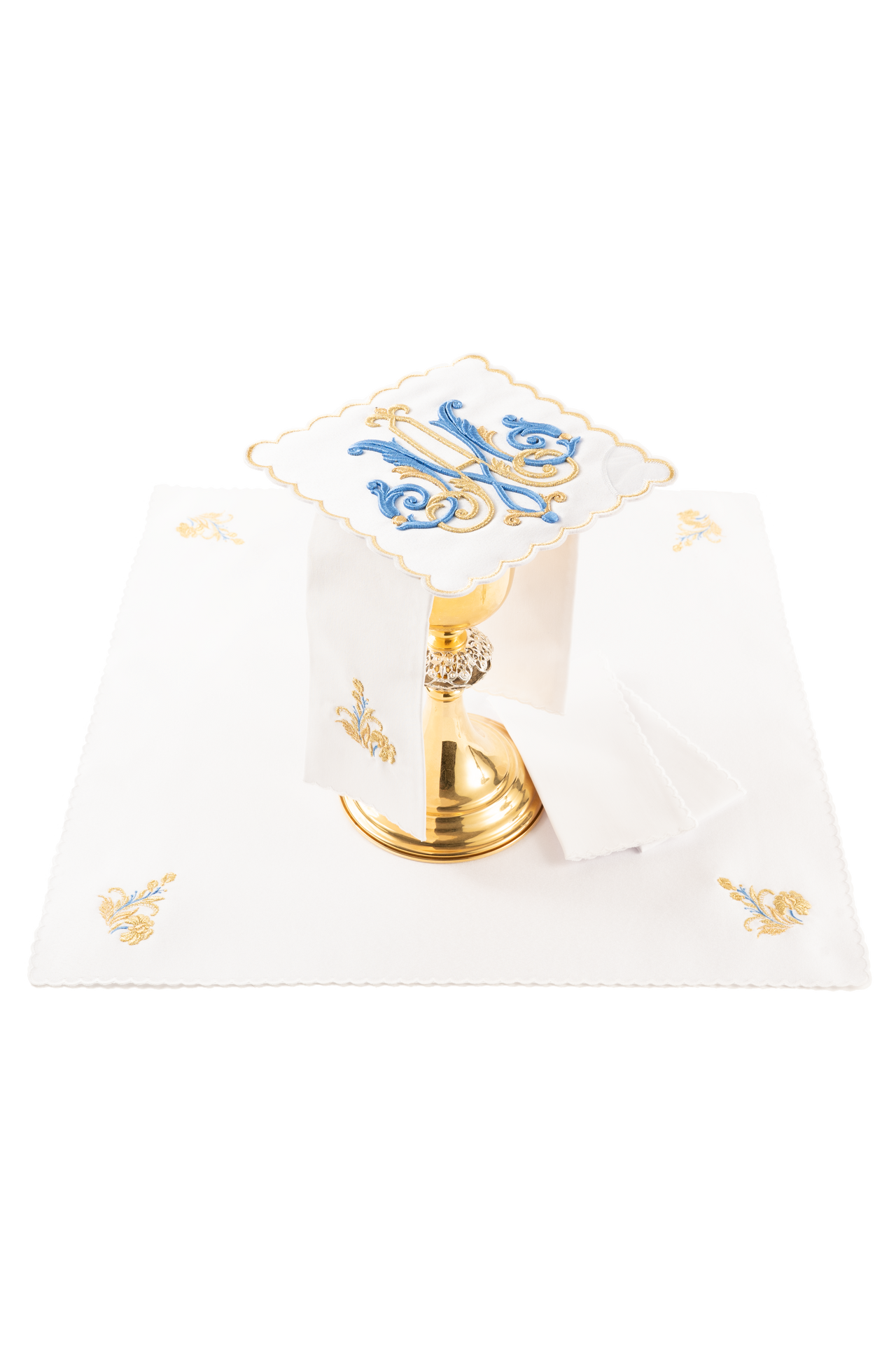 Liturgical chalice linens set with embroidered Marian motif