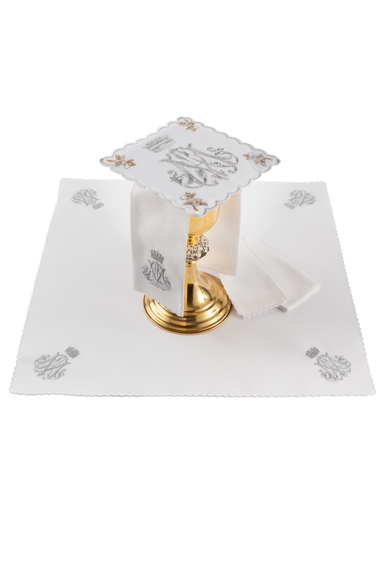 Liturgical chalice linens set with embroidered Marian motif
