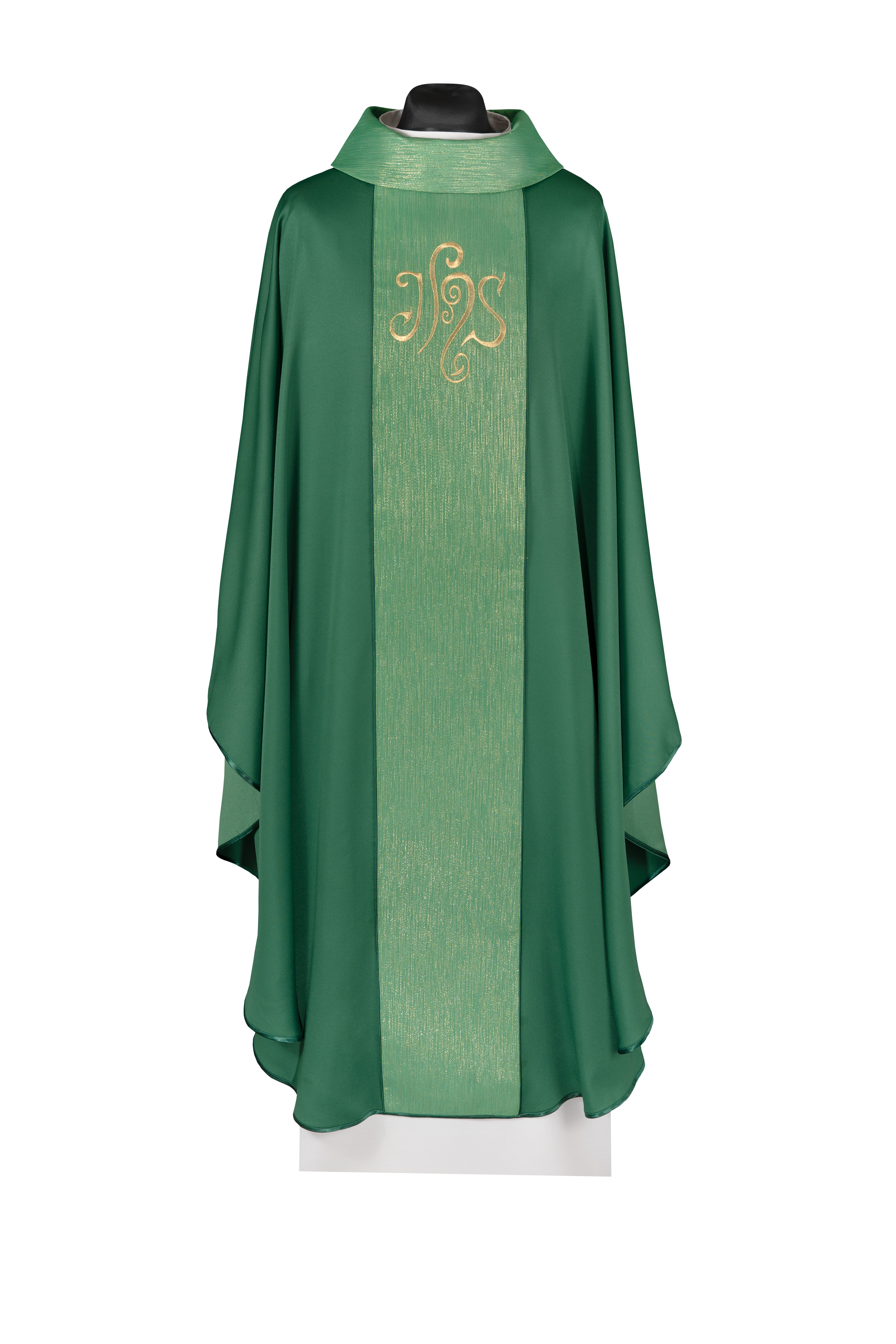 Green chasuble adorned with a decorative band and embroidered IHS symbol - CHASUBLES.COM