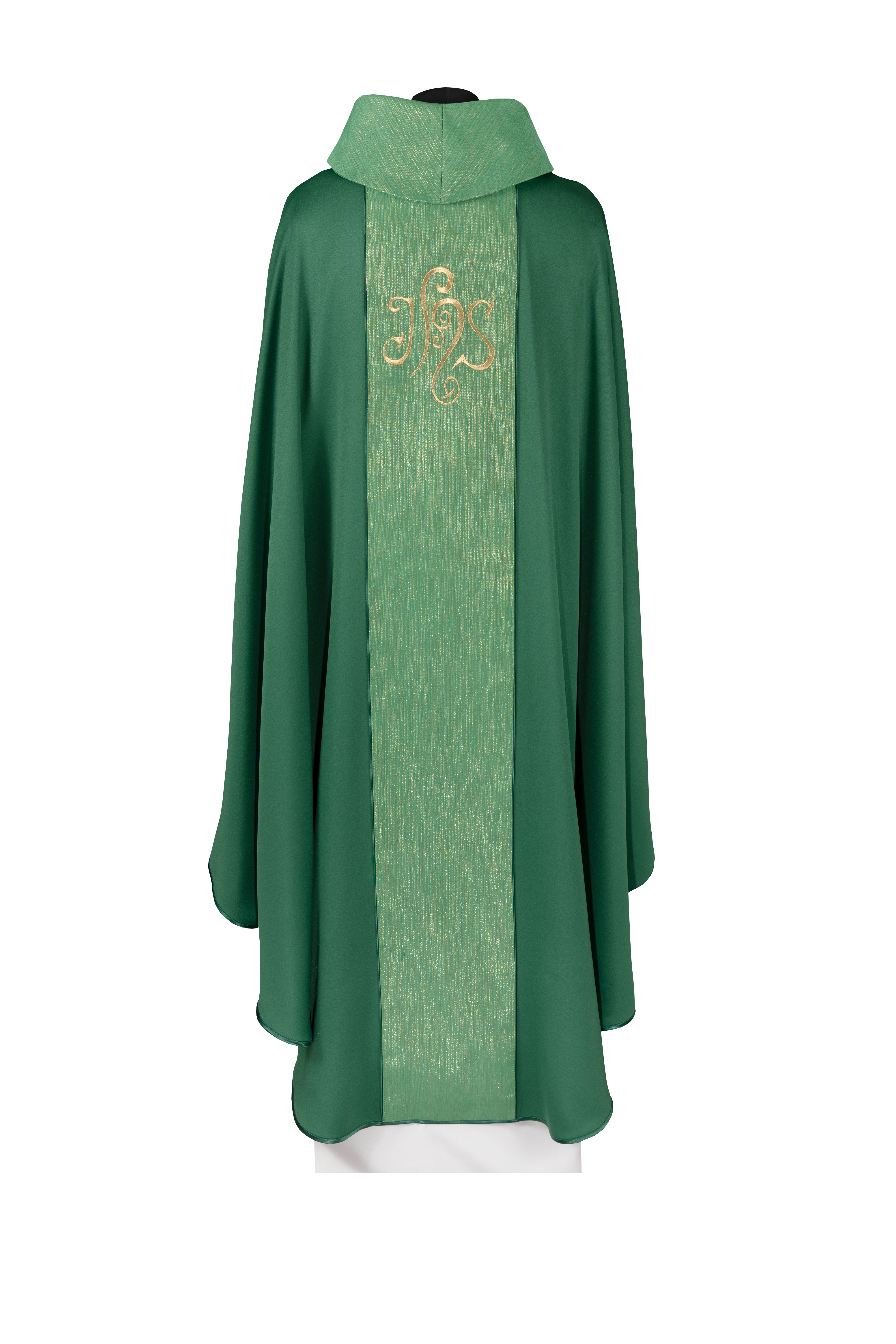 Green chasuble adorned with a decorative band and embroidered IHS symbol - CHASUBLES.COM