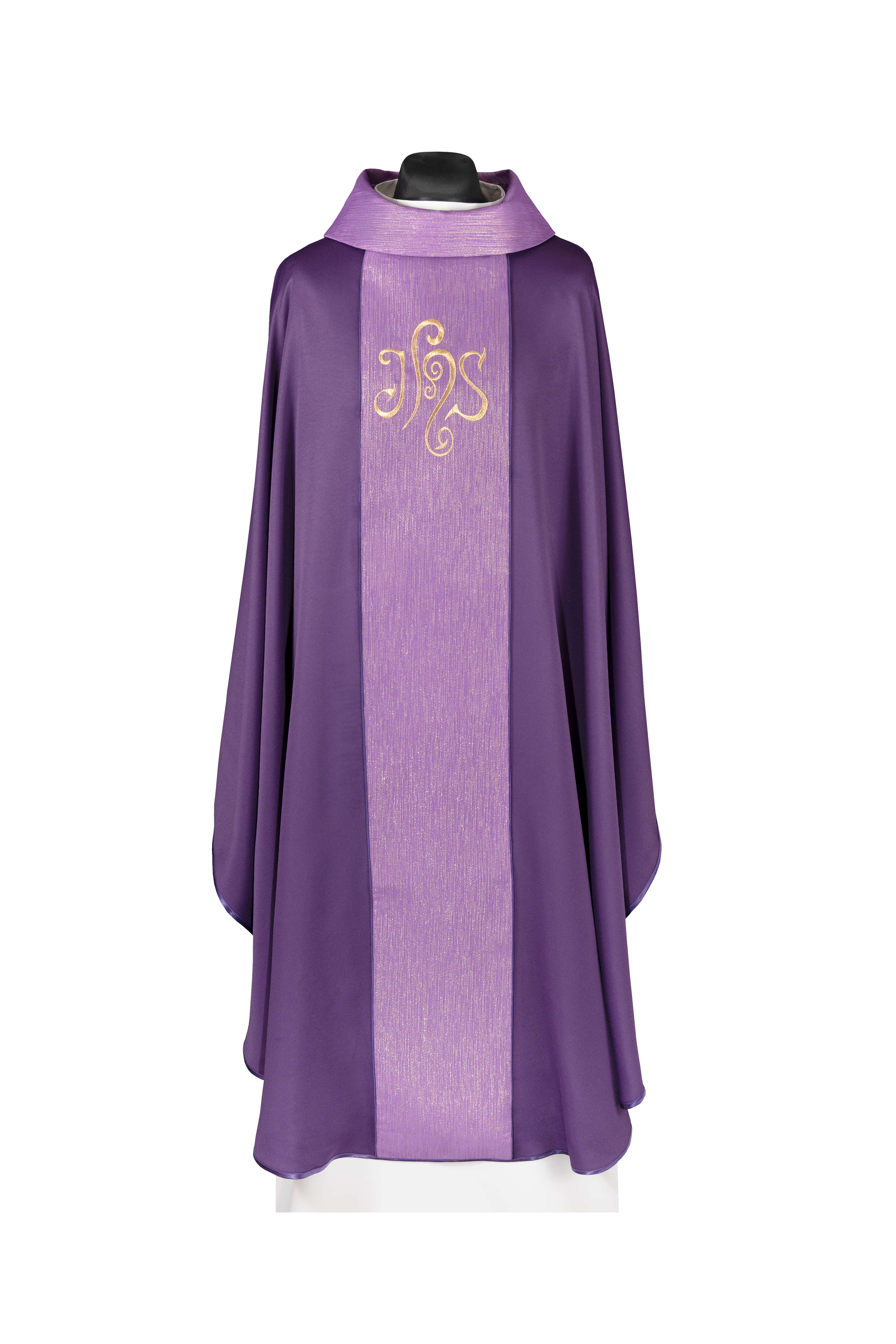 Purple chasuble adorned with a decorative band and embroidered IHS symbol - CHASUBLES.COM