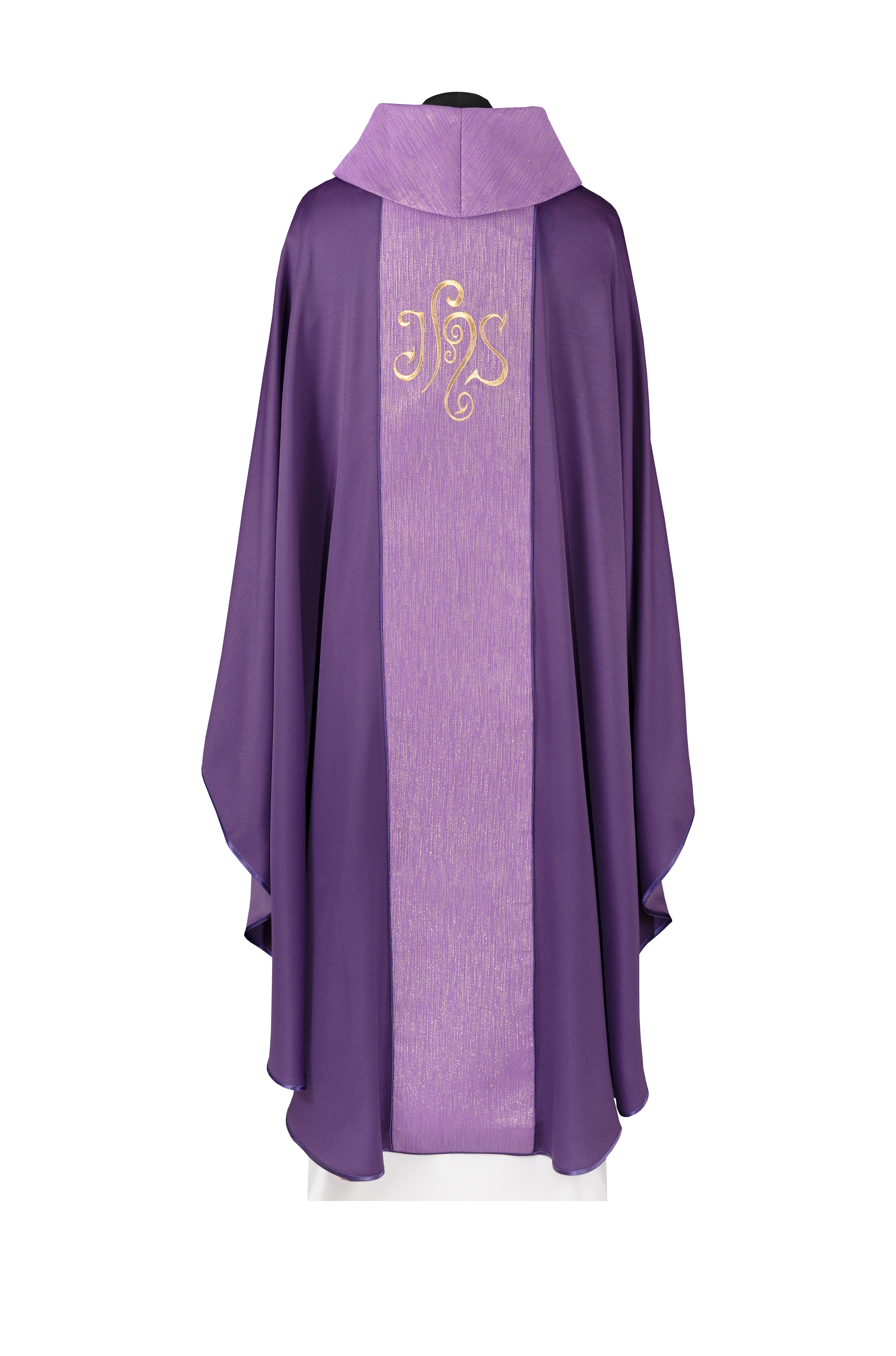 Purple chasuble adorned with a decorative band and embroidered IHS symbol - CHASUBLES.COM