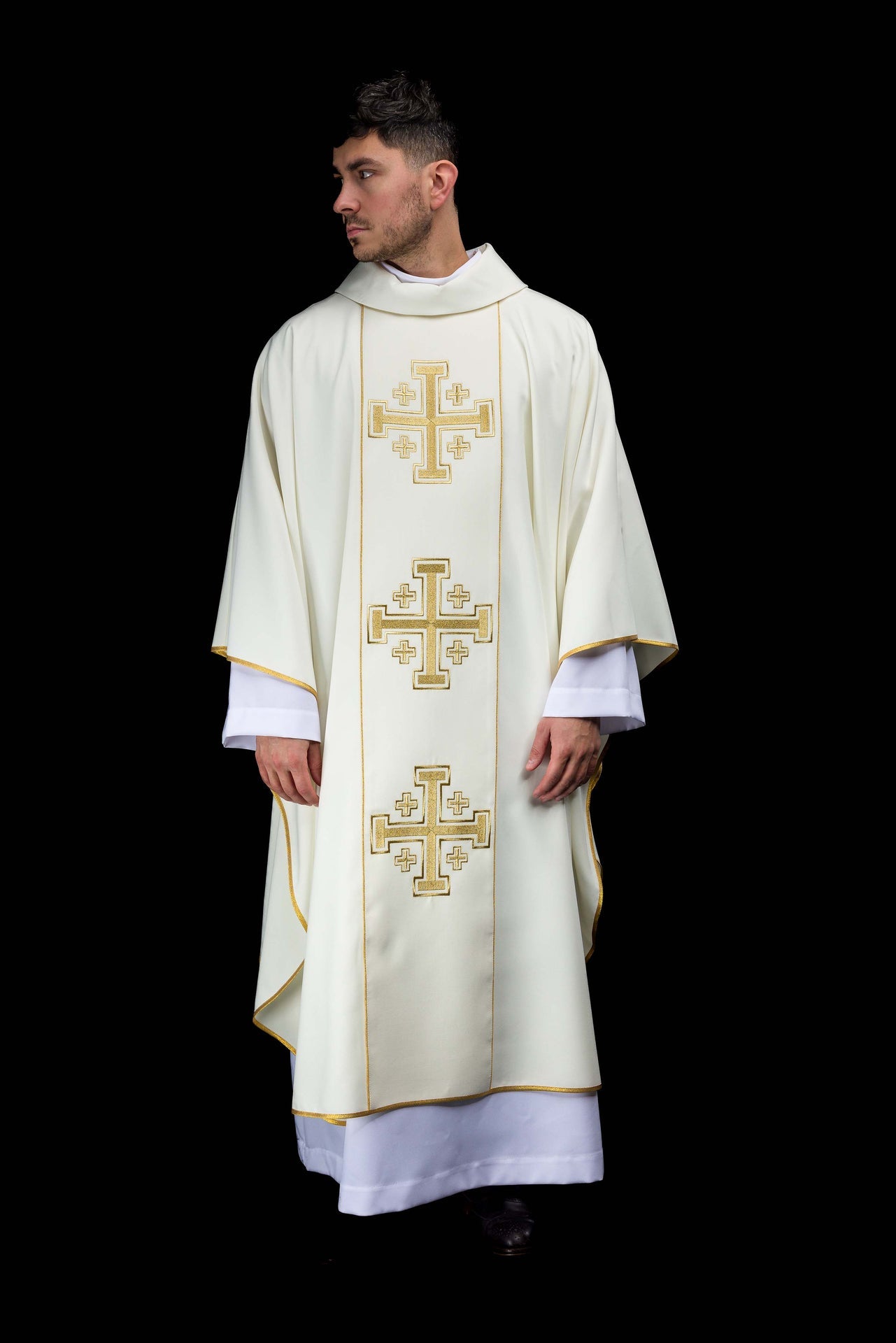 Ecru embroidered chasuble with band and Jerusalem crosses - CHASUBLES.COM