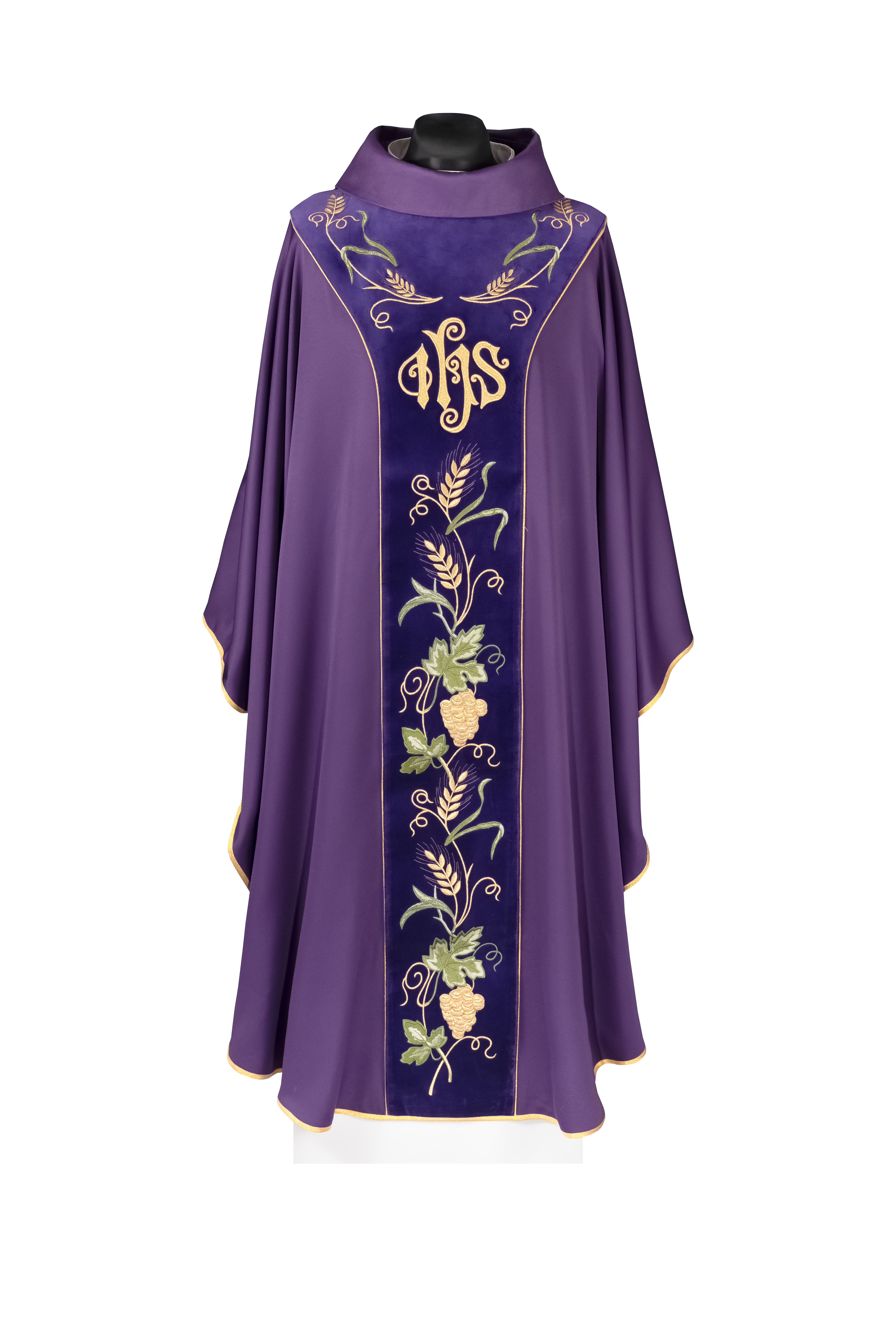 Chasuble with a purple velvet band and IHS embroidery - CHASUBLES.COM