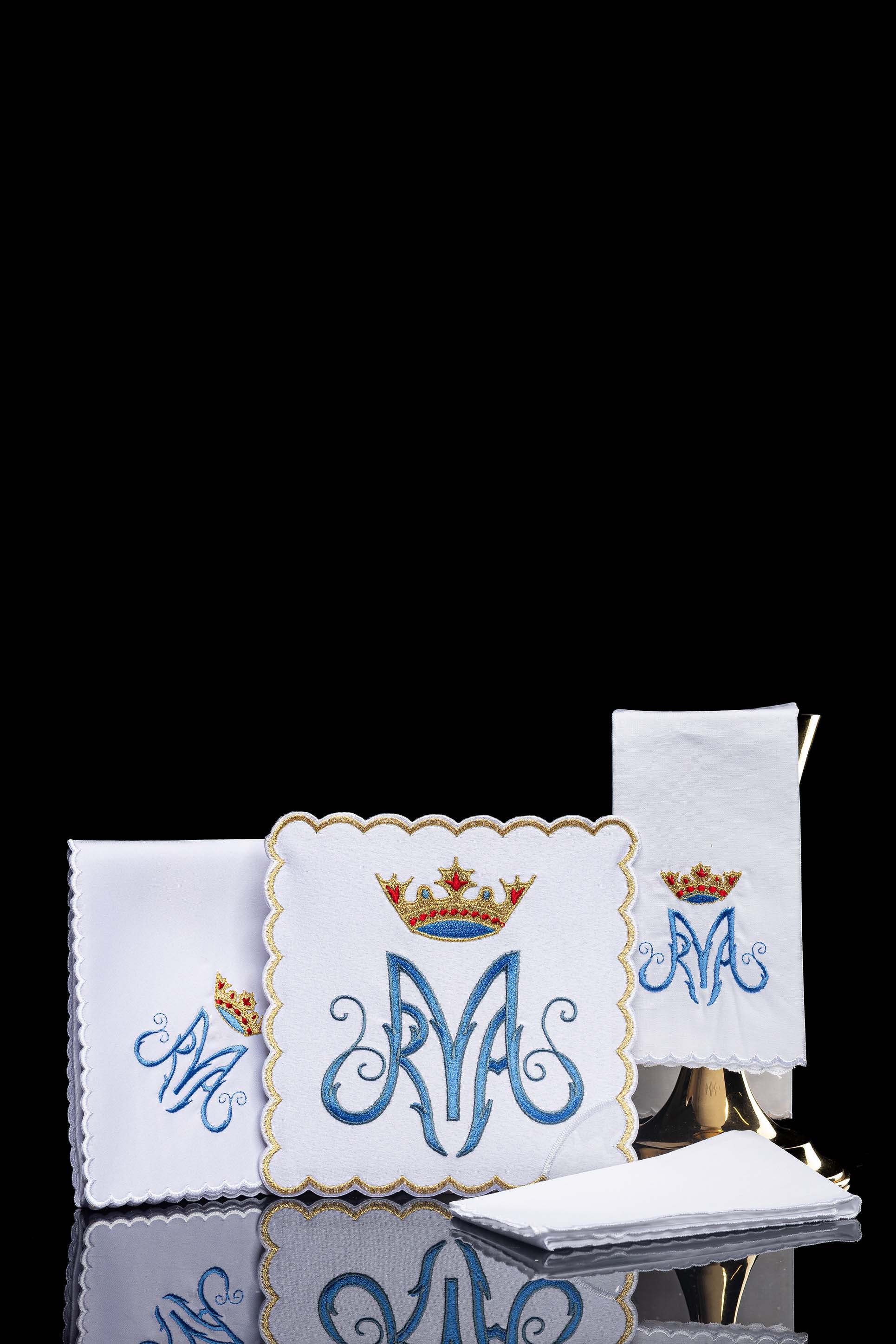 Chalice Linens with blue and gold Marian symbol