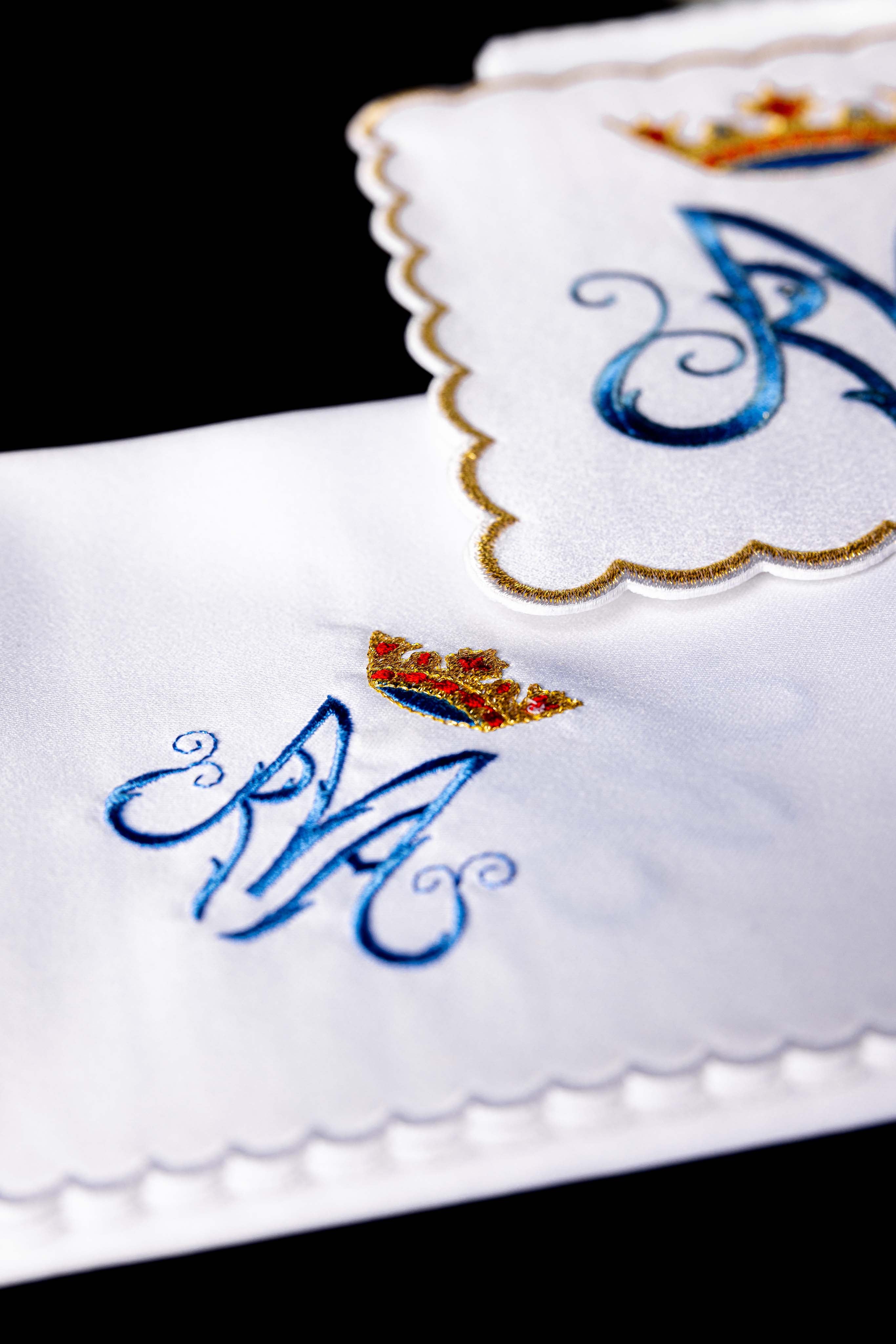 Chalice Linens with blue and gold Marian symbol