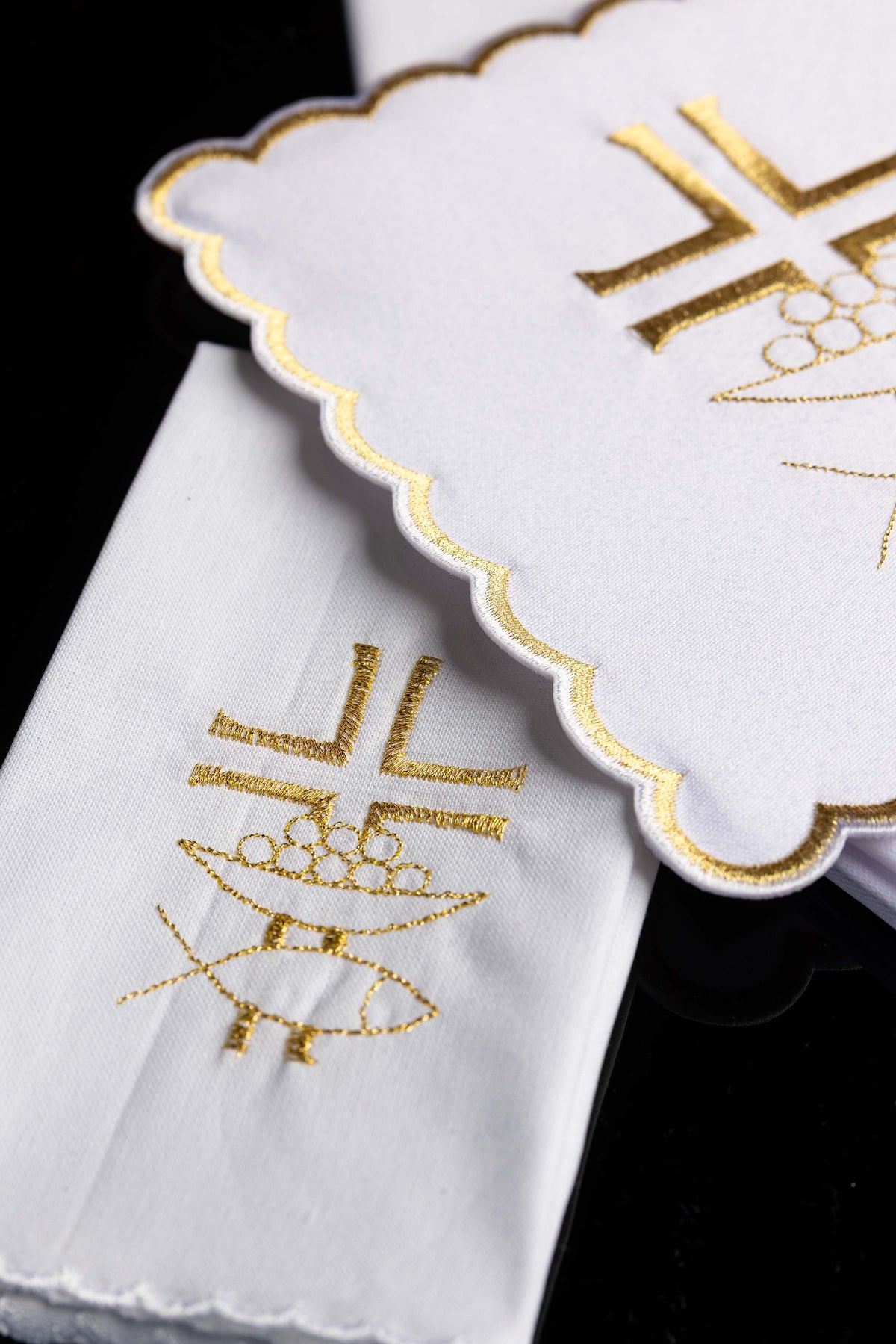 Chalice linens set with gold cross and Ichthys