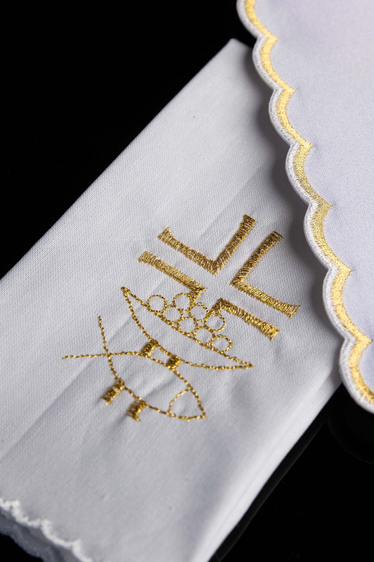Chalice linens set with gold cross and Ichthys
