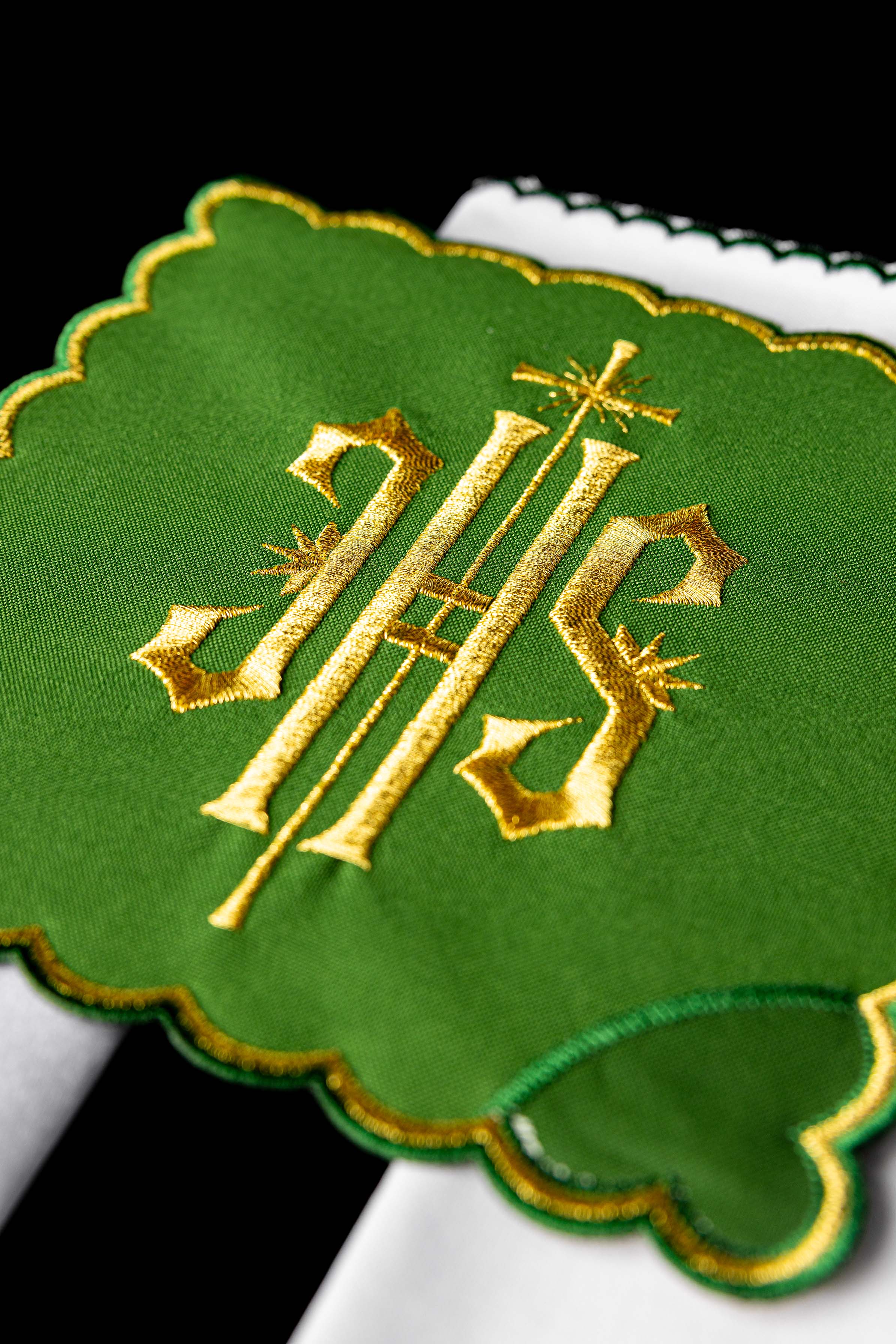 Chalice Set with green Pall and dimensional JHS embroidery