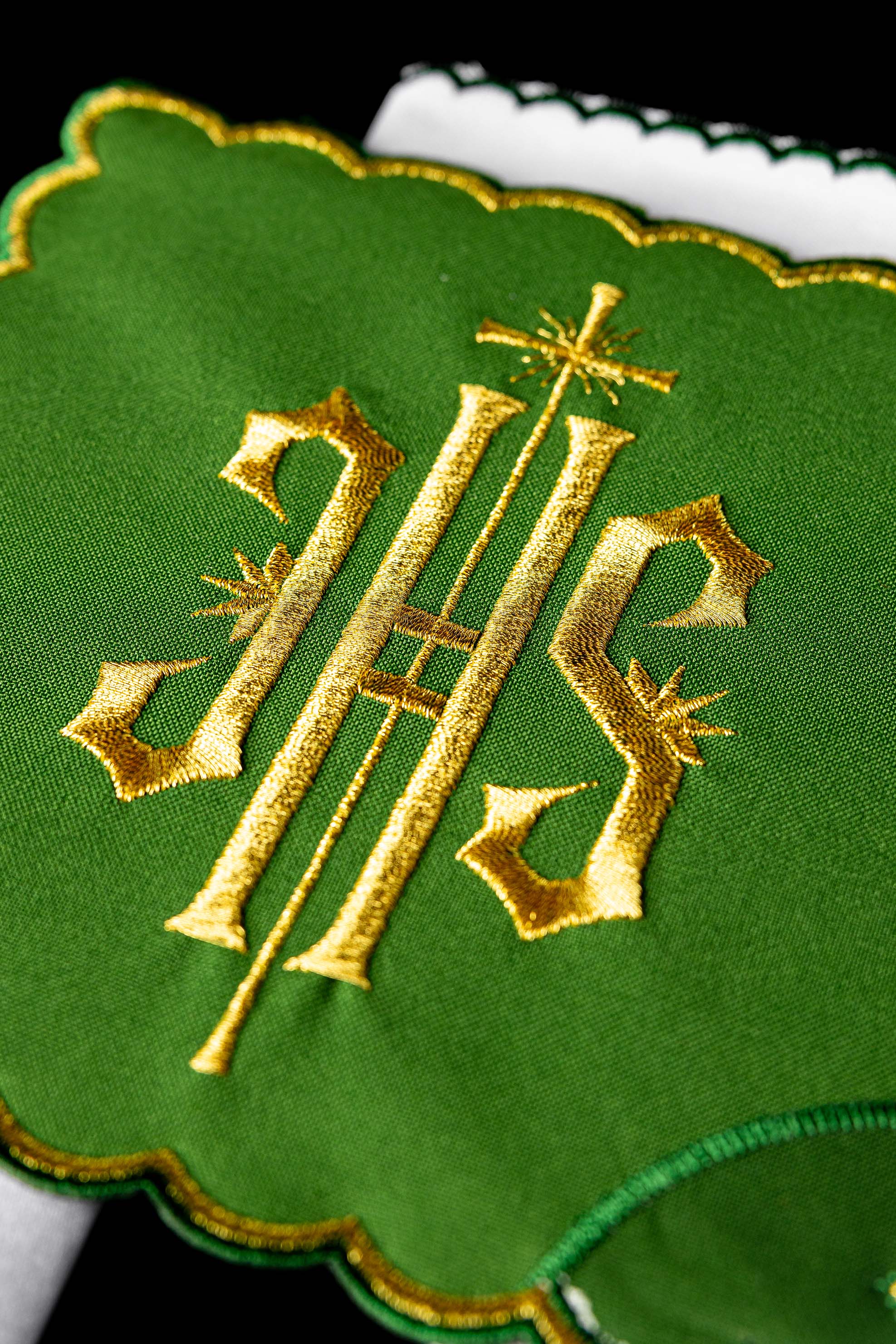 Chalice Set with green Pall and dimensional JHS embroidery