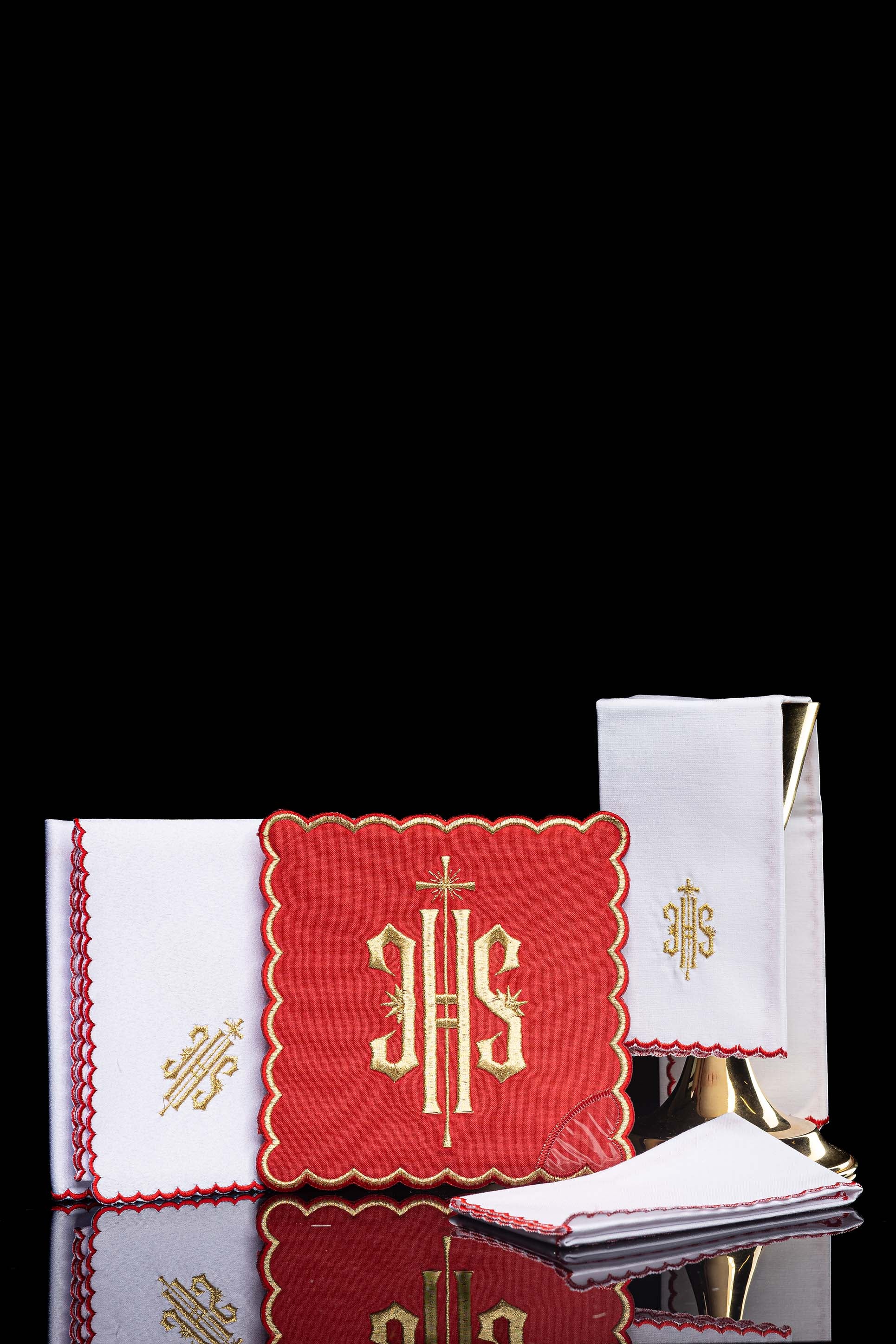 Chalice Set with red Pall and dimensional JHS embroidery
