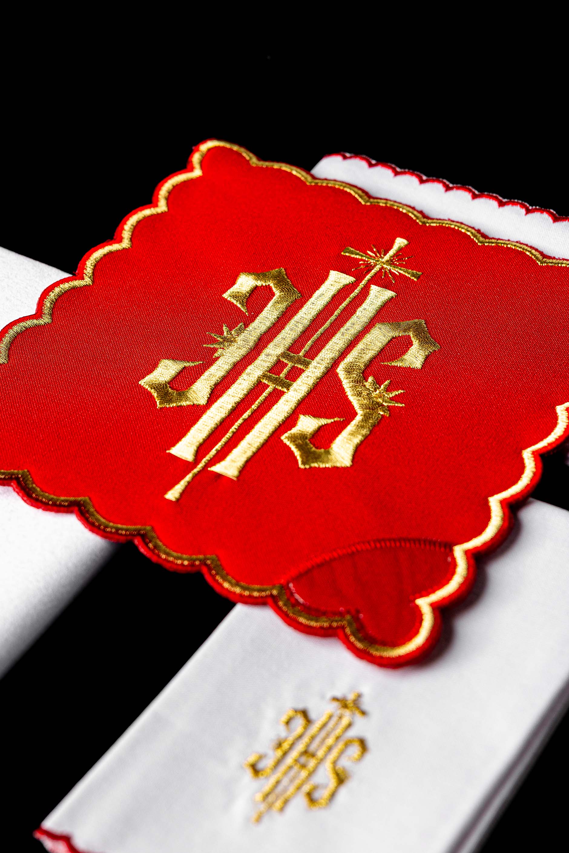 Chalice Set with red Pall and dimensional JHS embroidery