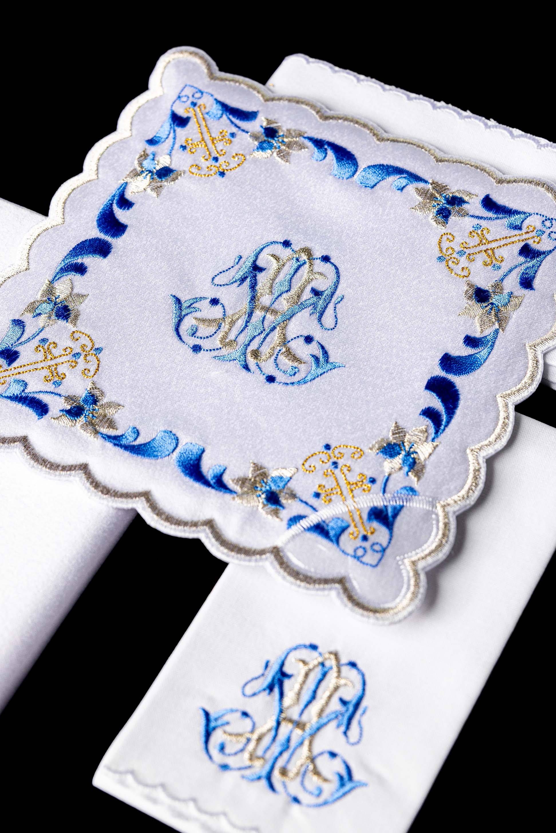 Chalice Linens with Blue Trim and Marian Embroidery